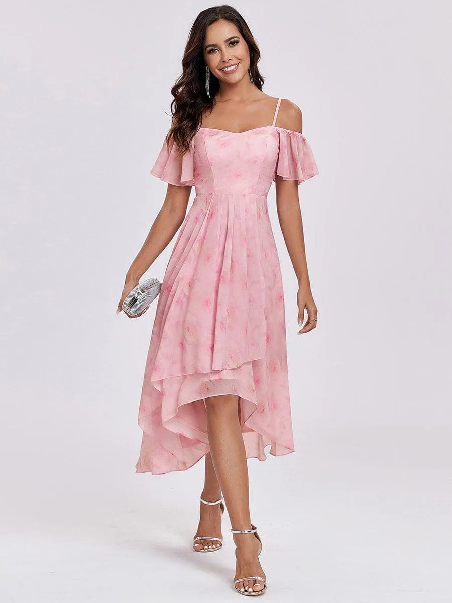 Estelle | Spaghetti Strap Cold Shoulder Chiffon A-Line Midi Wedding Guest Dress