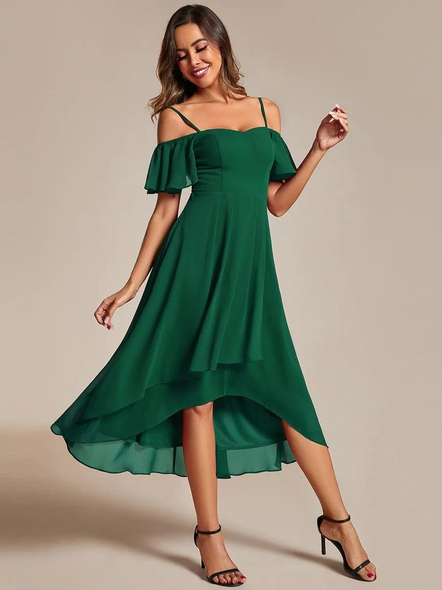 Estelle | Spaghetti Strap Cold Shoulder Chiffon A-Line Midi Wedding Guest Dress