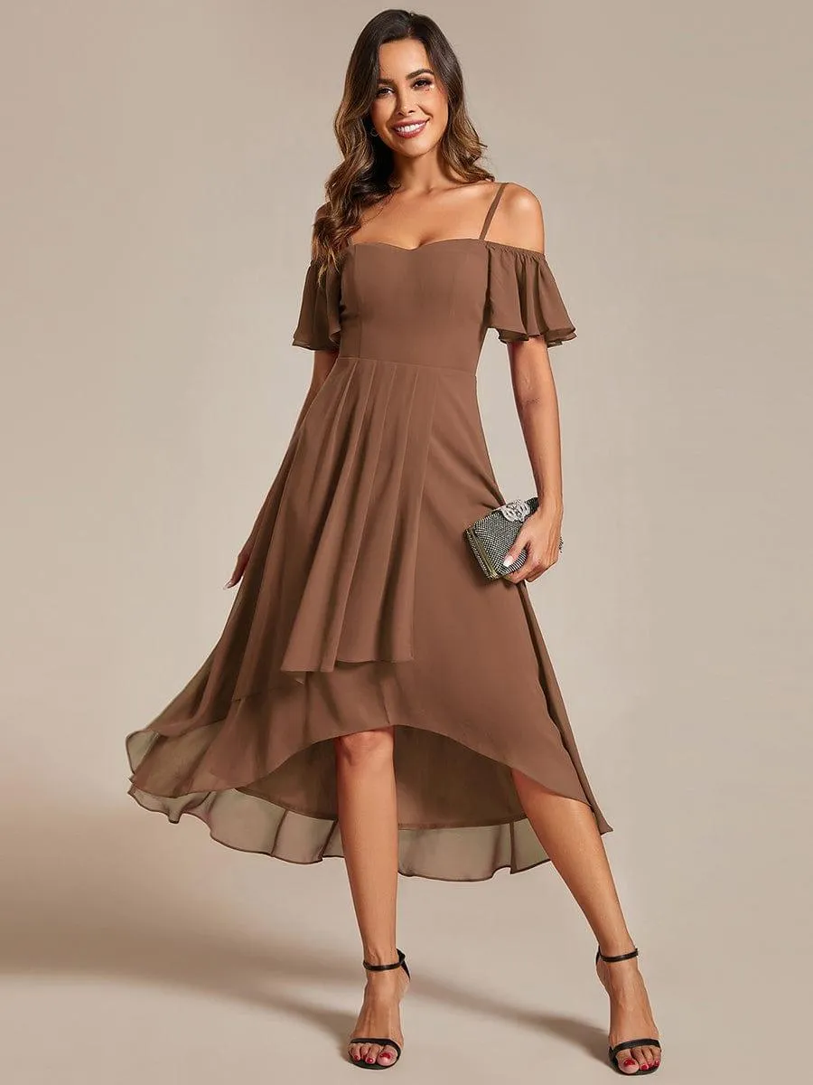 Estelle | Spaghetti Strap Cold Shoulder Chiffon A-Line Midi Wedding Guest Dress