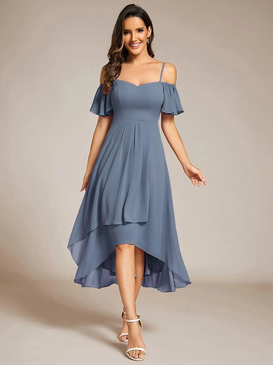 Estelle | Spaghetti Strap Cold Shoulder Chiffon A-Line Midi Wedding Guest Dress