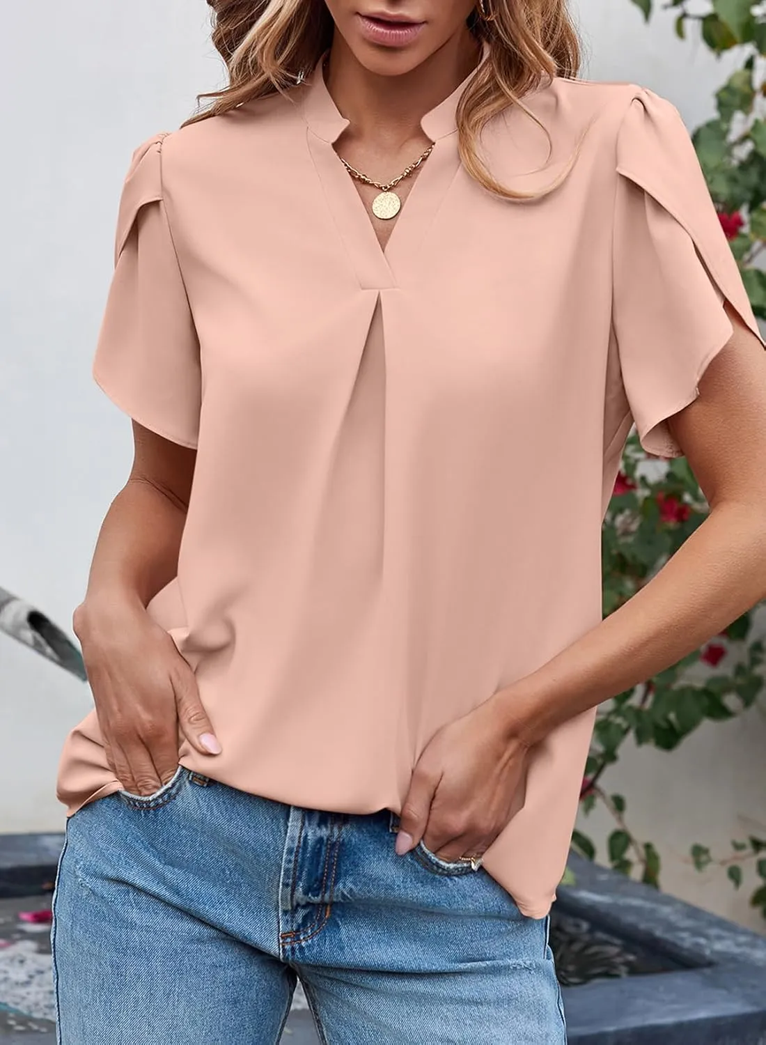 EVALESS Women's Dressy Casual Business Work Chiffon Blouses Tops Summer V Neck Cute Loose Petal Short Sleeve T-Shirts