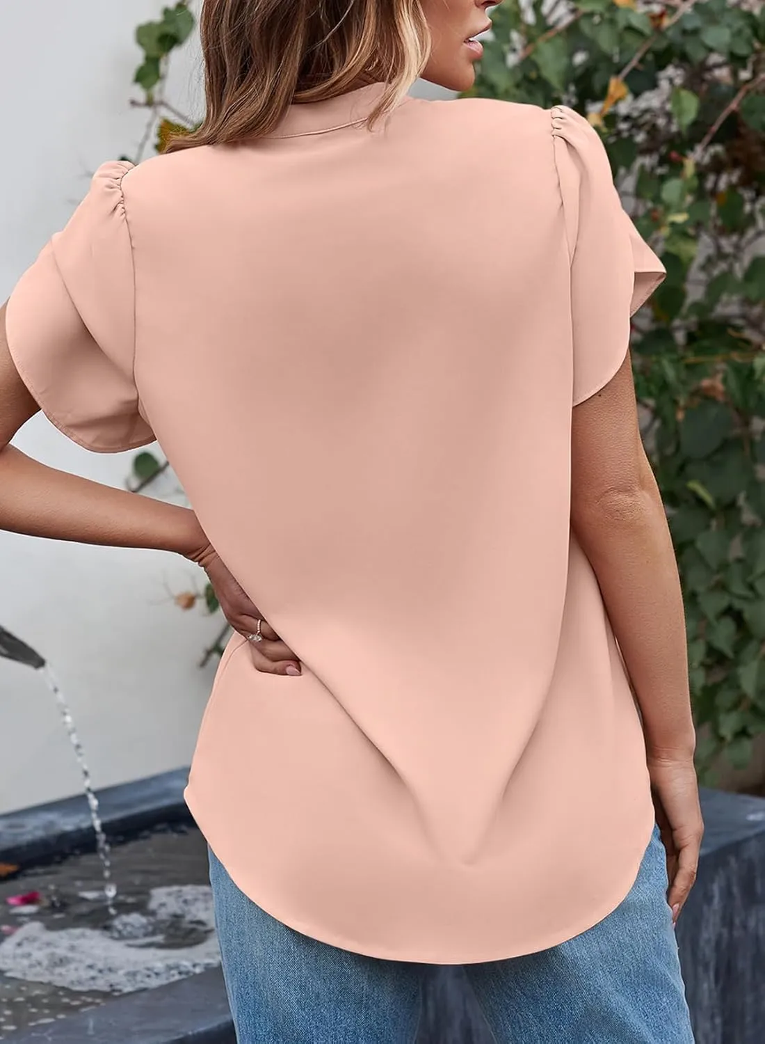 EVALESS Women's Dressy Casual Business Work Chiffon Blouses Tops Summer V Neck Cute Loose Petal Short Sleeve T-Shirts
