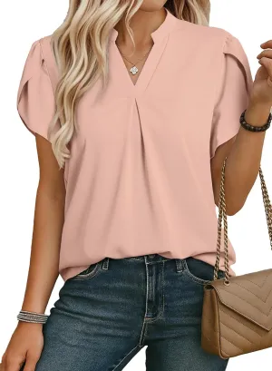 EVALESS Women's Dressy Casual Business Work Chiffon Blouses Tops Summer V Neck Cute Loose Petal Short Sleeve T-Shirts