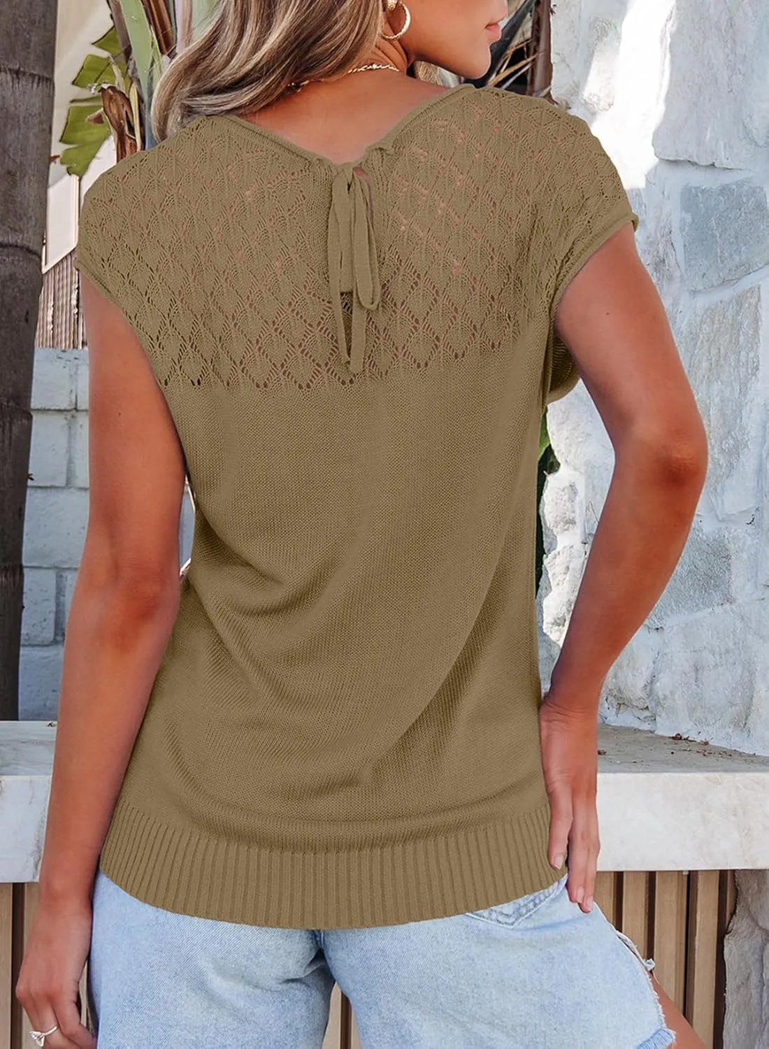 EVALESS Womens Fashion Short Sleeve Sweaters Crewneck Crochet Tops Summer Tie Back Shirts Knit T Shirts Sweater Tops