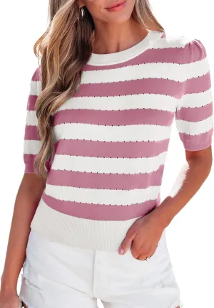 EVALESS Women's Short Sleeve Sweaters Tops Trendy Crewneck Striped Hollow Out Knit T Shirts Casual Summer Blouses