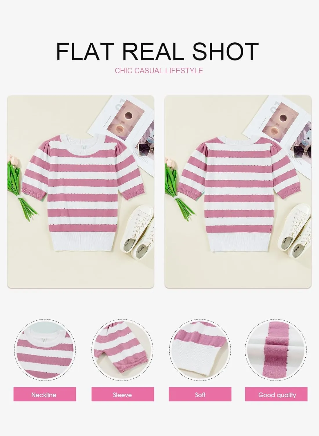 EVALESS Women's Short Sleeve Sweaters Tops Trendy Crewneck Striped Hollow Out Knit T Shirts Casual Summer Blouses