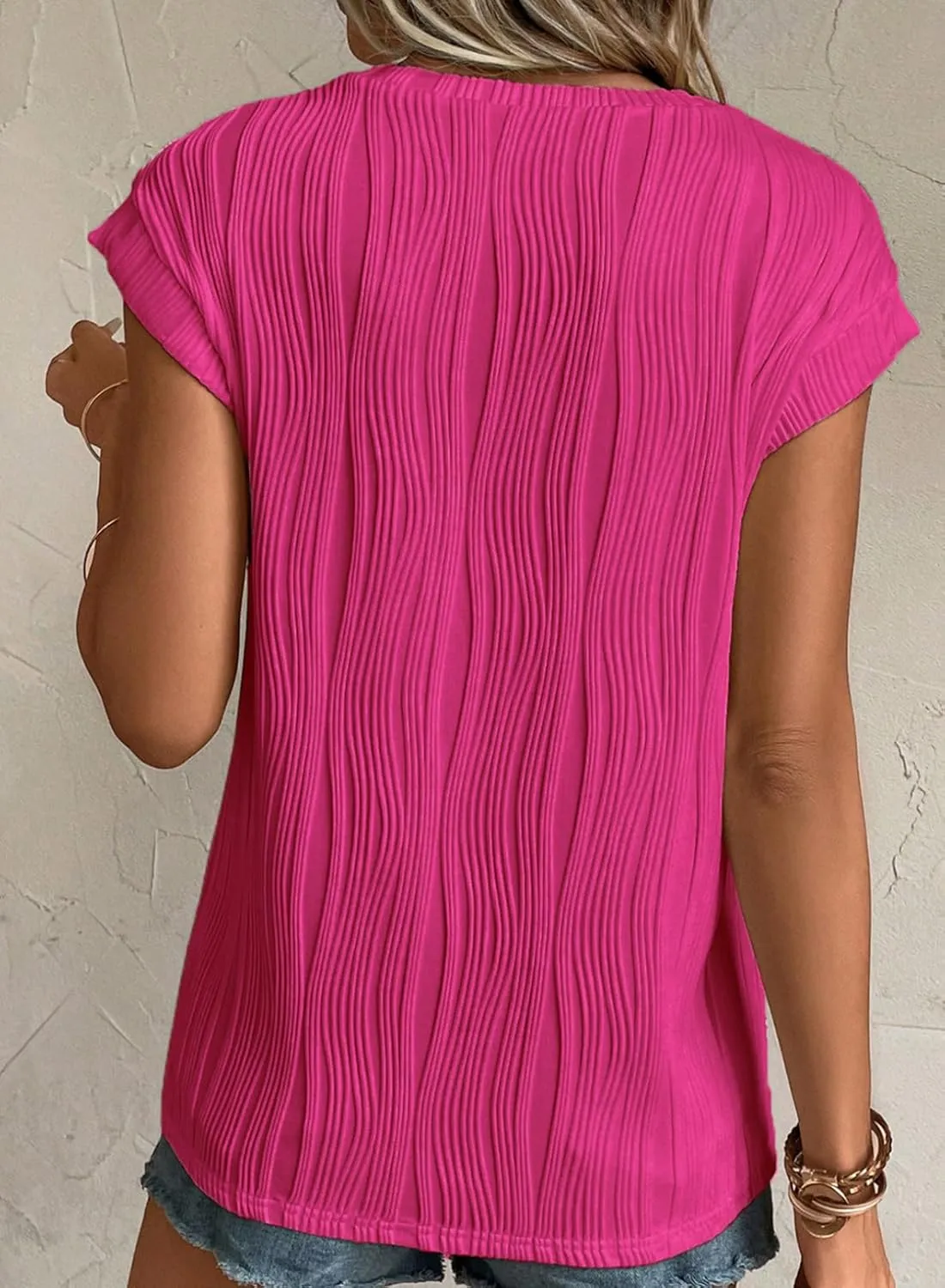 EVALESS Womens Short Sleeve Textured Tops Crewneck Knit Solid Loose Casual Basic T Shirts Tee Blouses