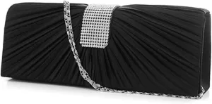 Evening Bag Rhinestones Pleated Bridal Clutch Purse Satin Material Small Shoulder Bag