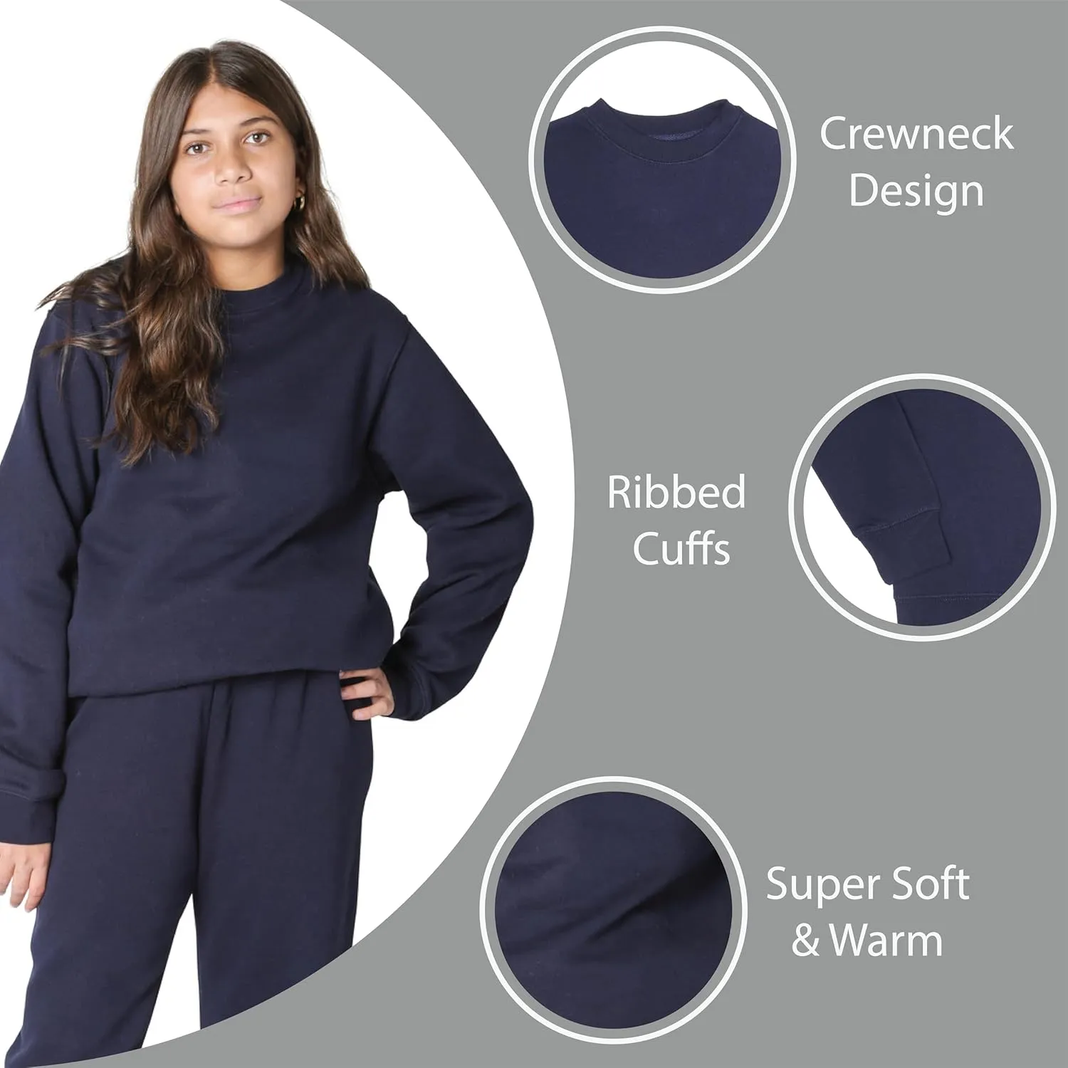 EVERYDAY KIDS Girls Fleece Crewneck Sweatshirt; Girls Long Sleeve Pullover Shirt - Soft and Breathable Cotton/Poly Blend