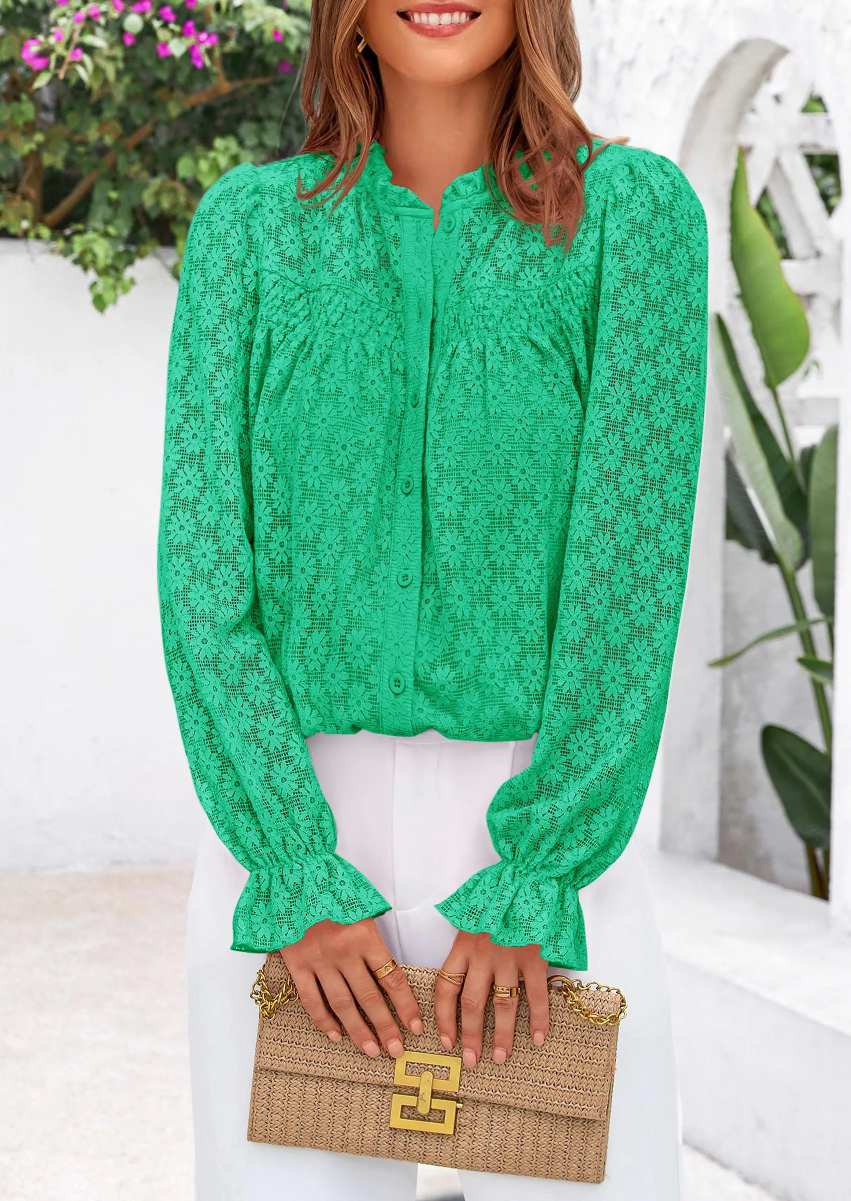 Eyelet Long Sleeve Casual Hollow Out Button Up Lace Blouse