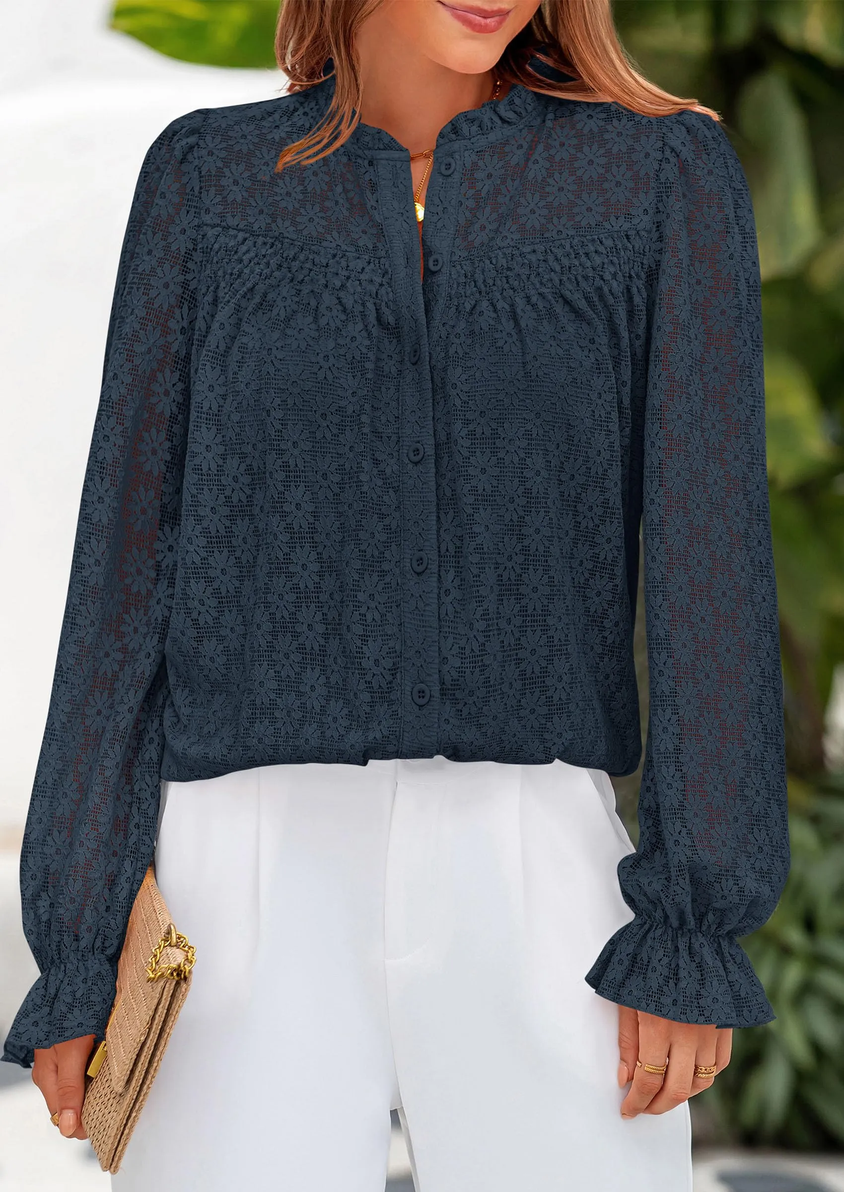 Eyelet Long Sleeve Casual Hollow Out Button Up Lace Blouse