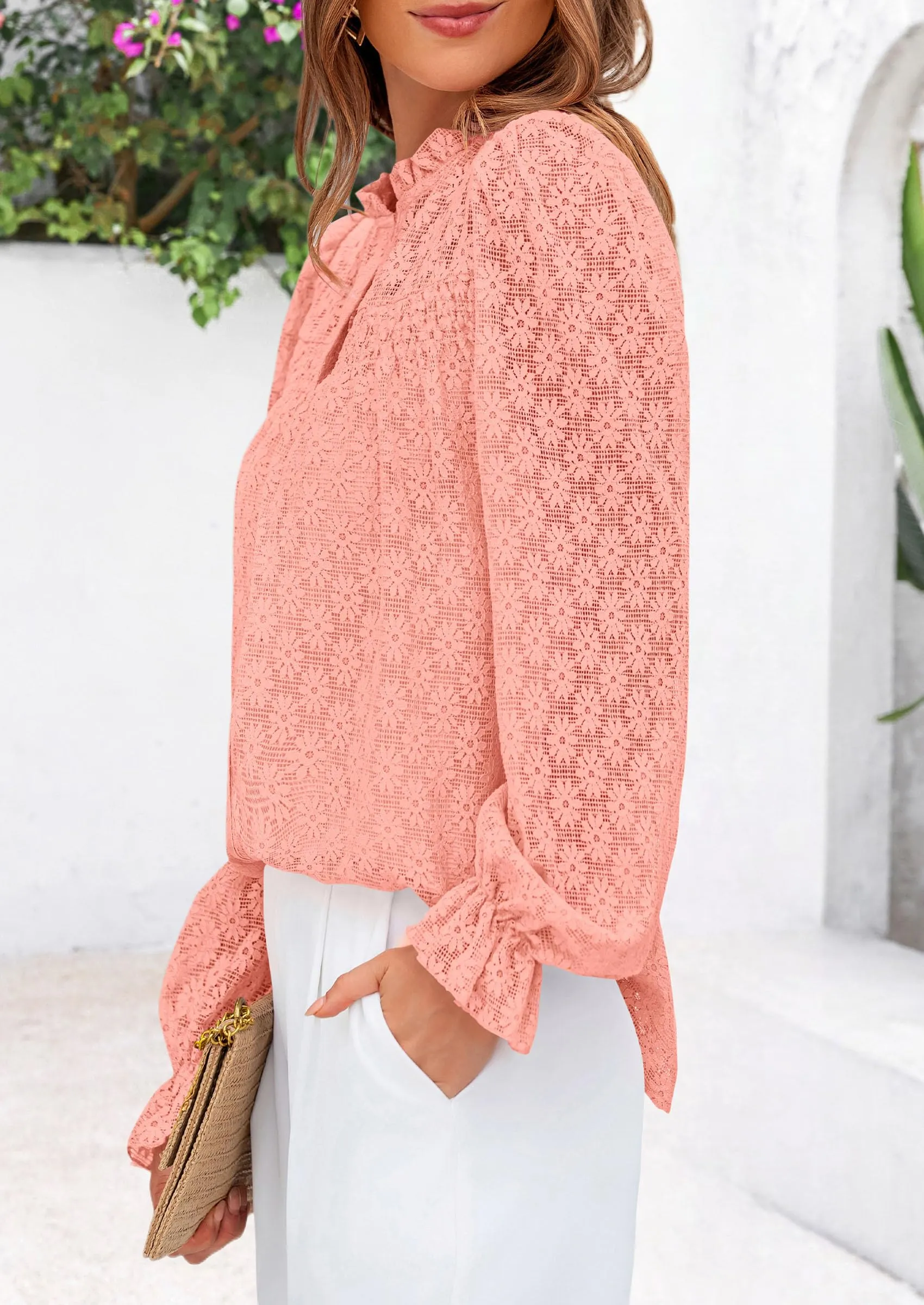 Eyelet Long Sleeve Casual Hollow Out Button Up Lace Blouse