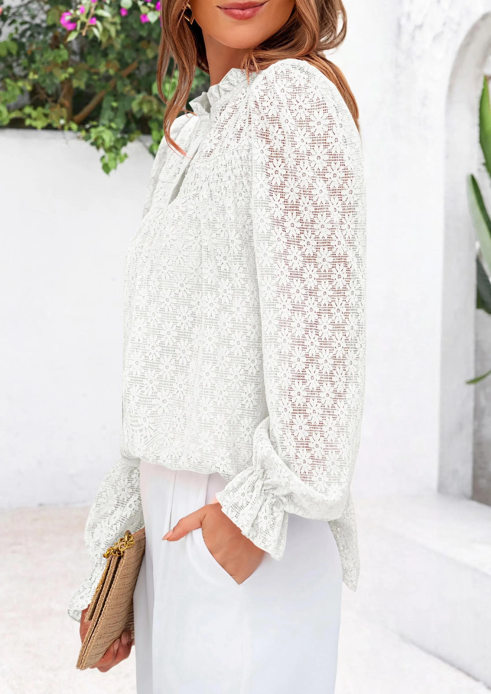 Eyelet Long Sleeve Casual Hollow Out Button Up Lace Blouse