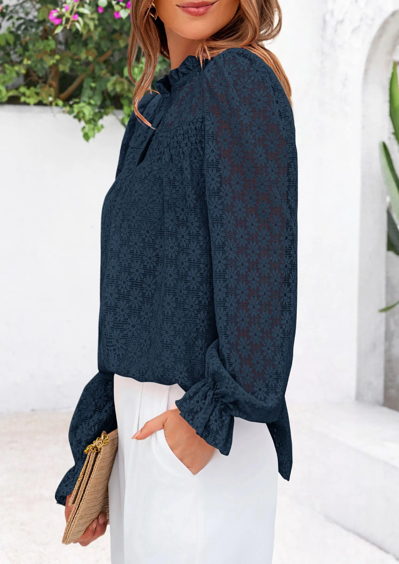 Eyelet Long Sleeve Casual Hollow Out Button Up Lace Blouse