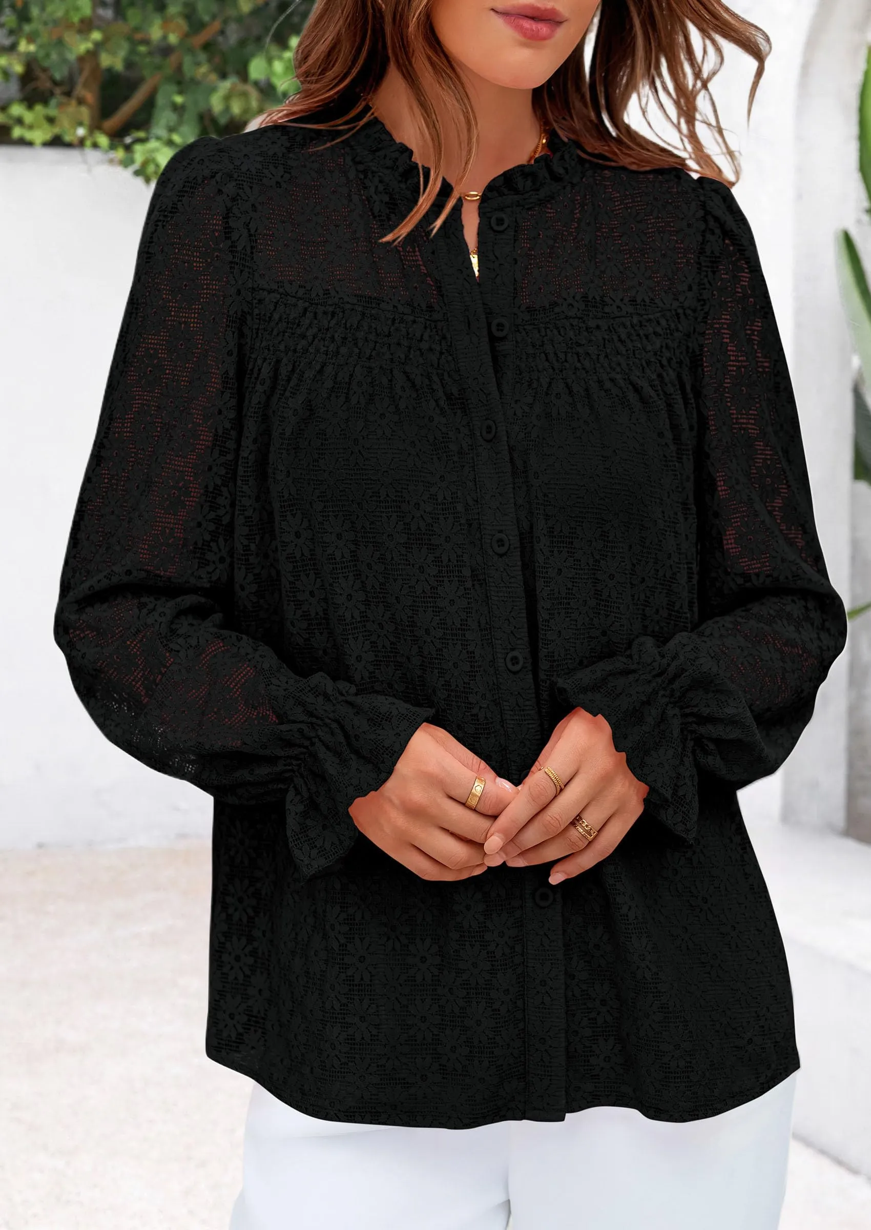 Eyelet Long Sleeve Casual Hollow Out Button Up Lace Blouse