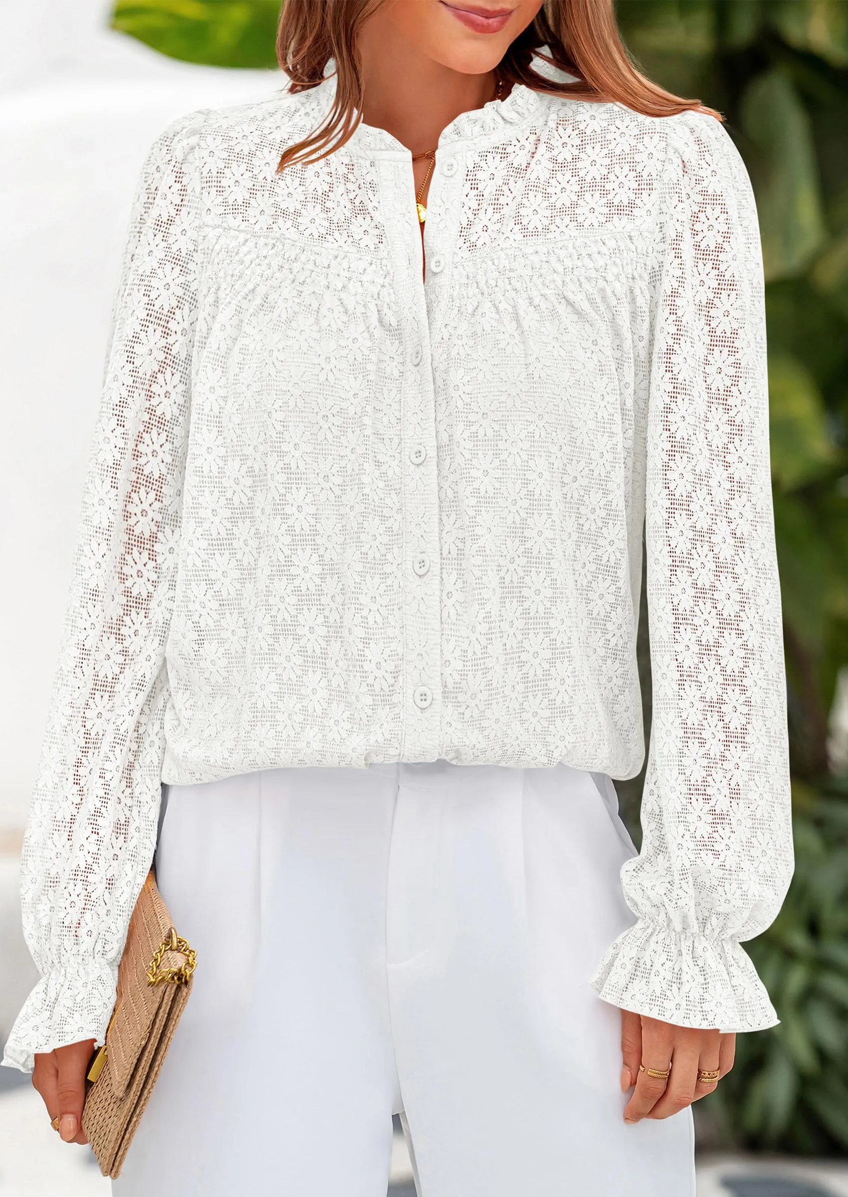 Eyelet Long Sleeve Casual Hollow Out Button Up Lace Blouse