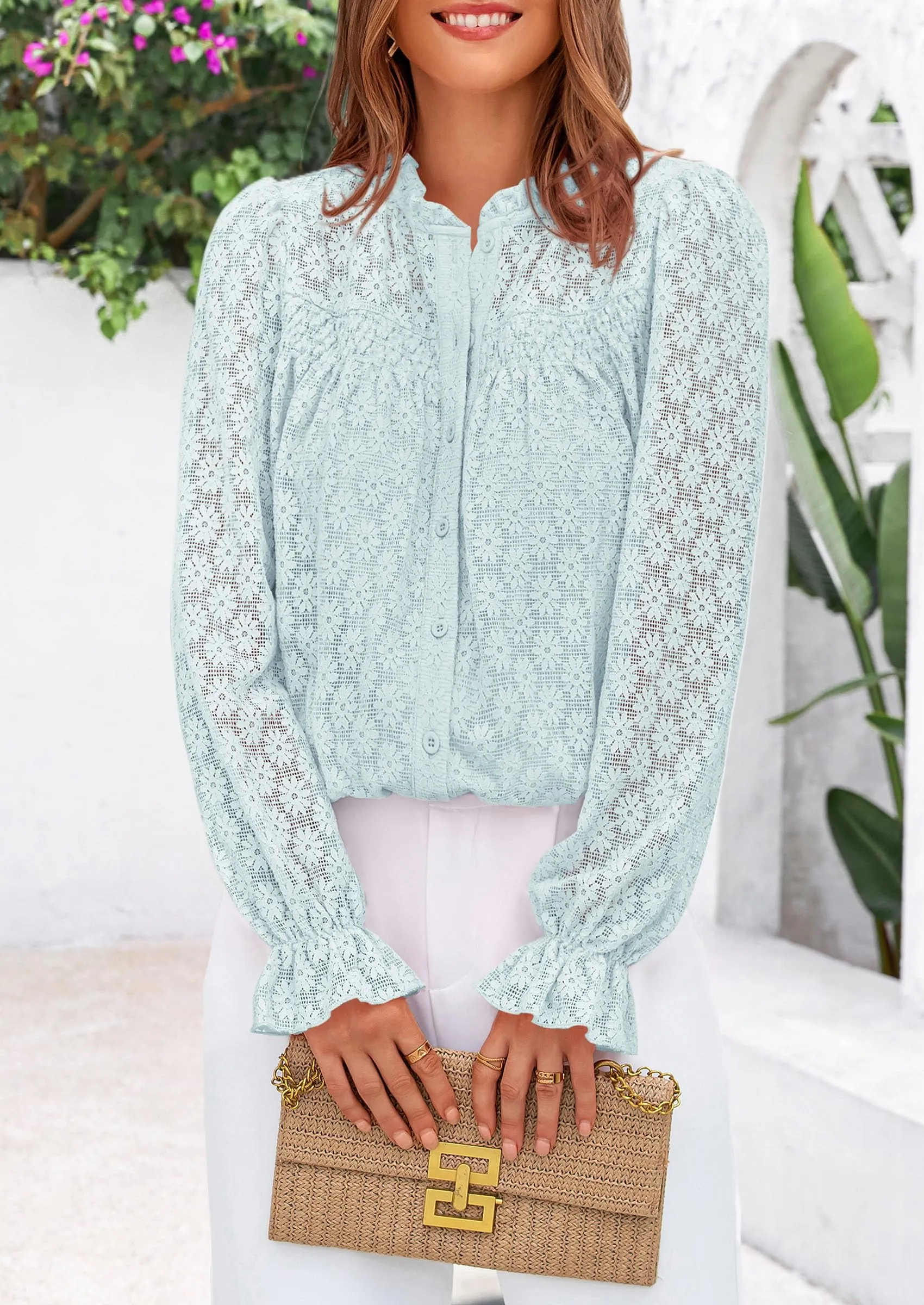 Eyelet Long Sleeve Casual Hollow Out Button Up Lace Blouse