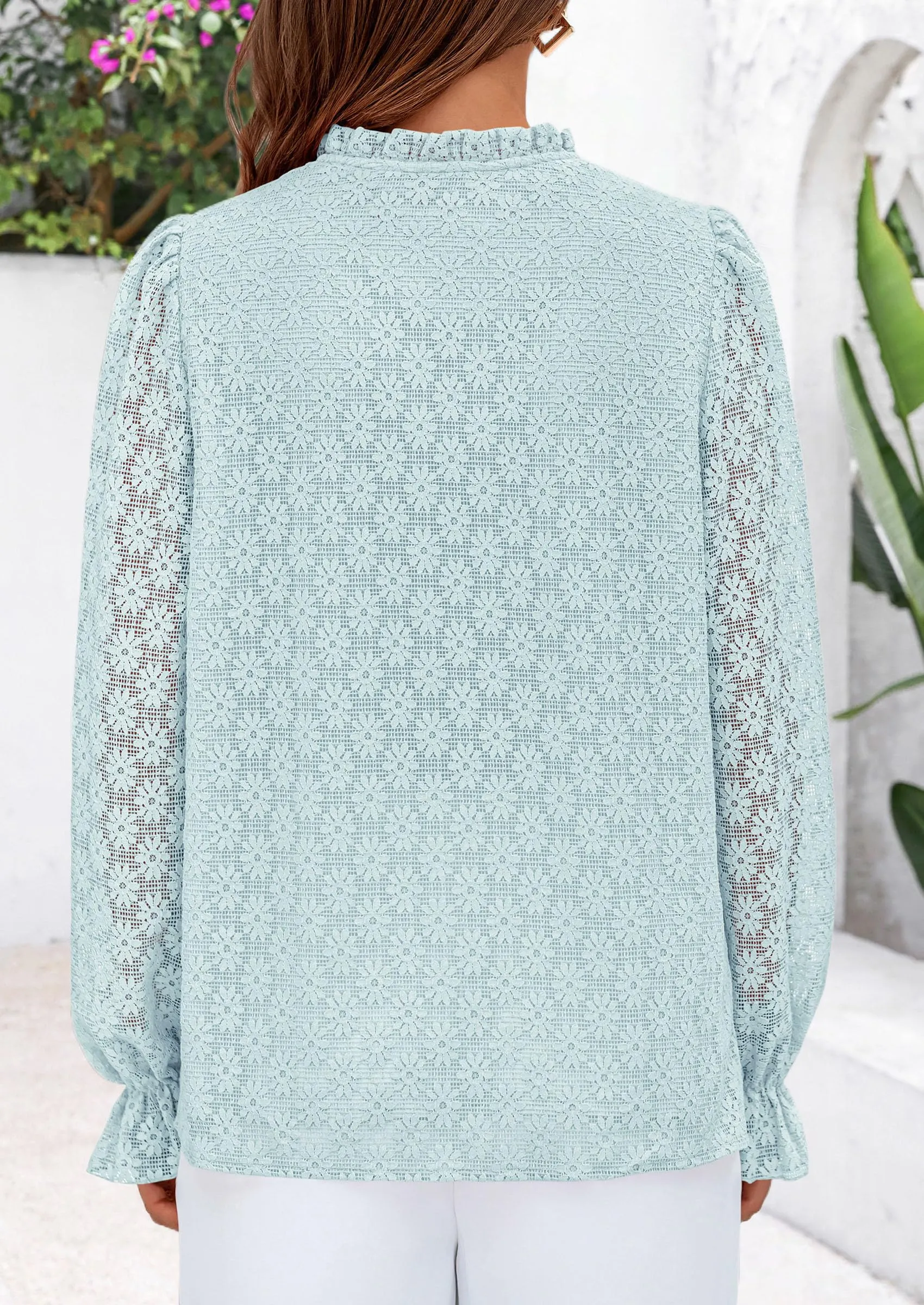 Eyelet Long Sleeve Casual Hollow Out Button Up Lace Blouse