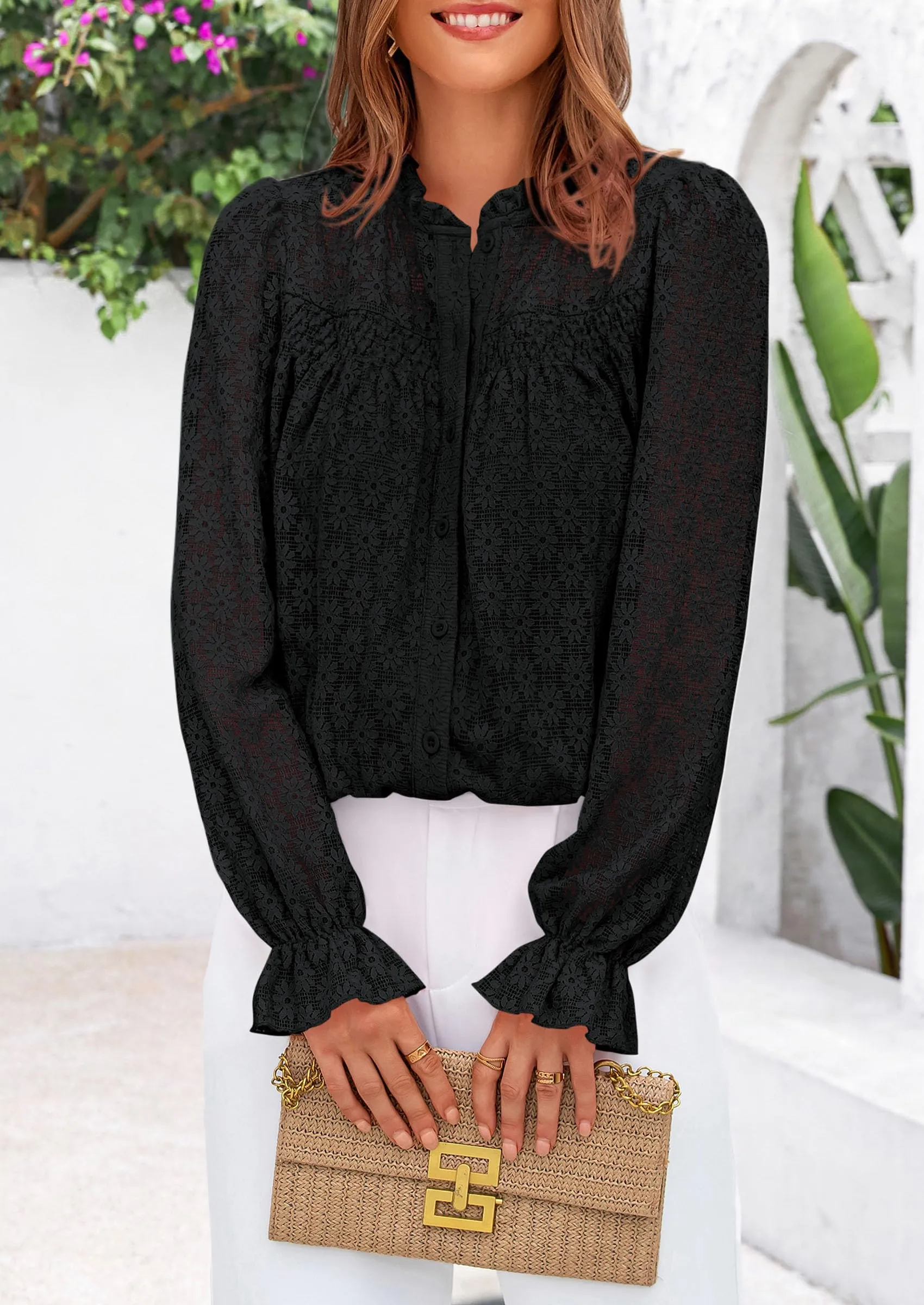 Eyelet Long Sleeve Casual Hollow Out Button Up Lace Blouse