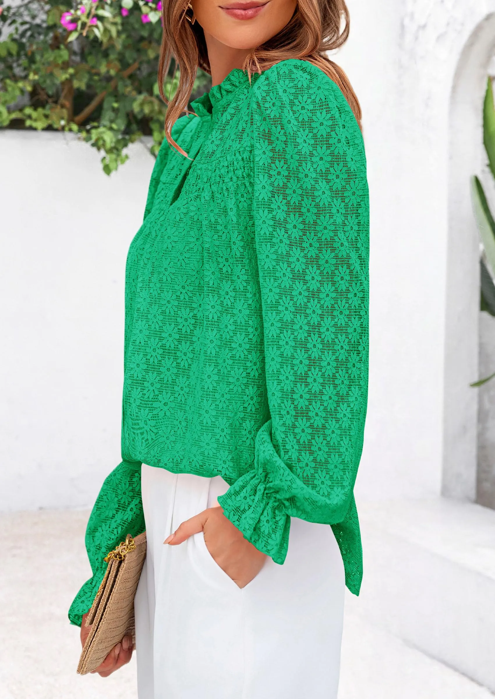 Eyelet Long Sleeve Casual Hollow Out Button Up Lace Blouse