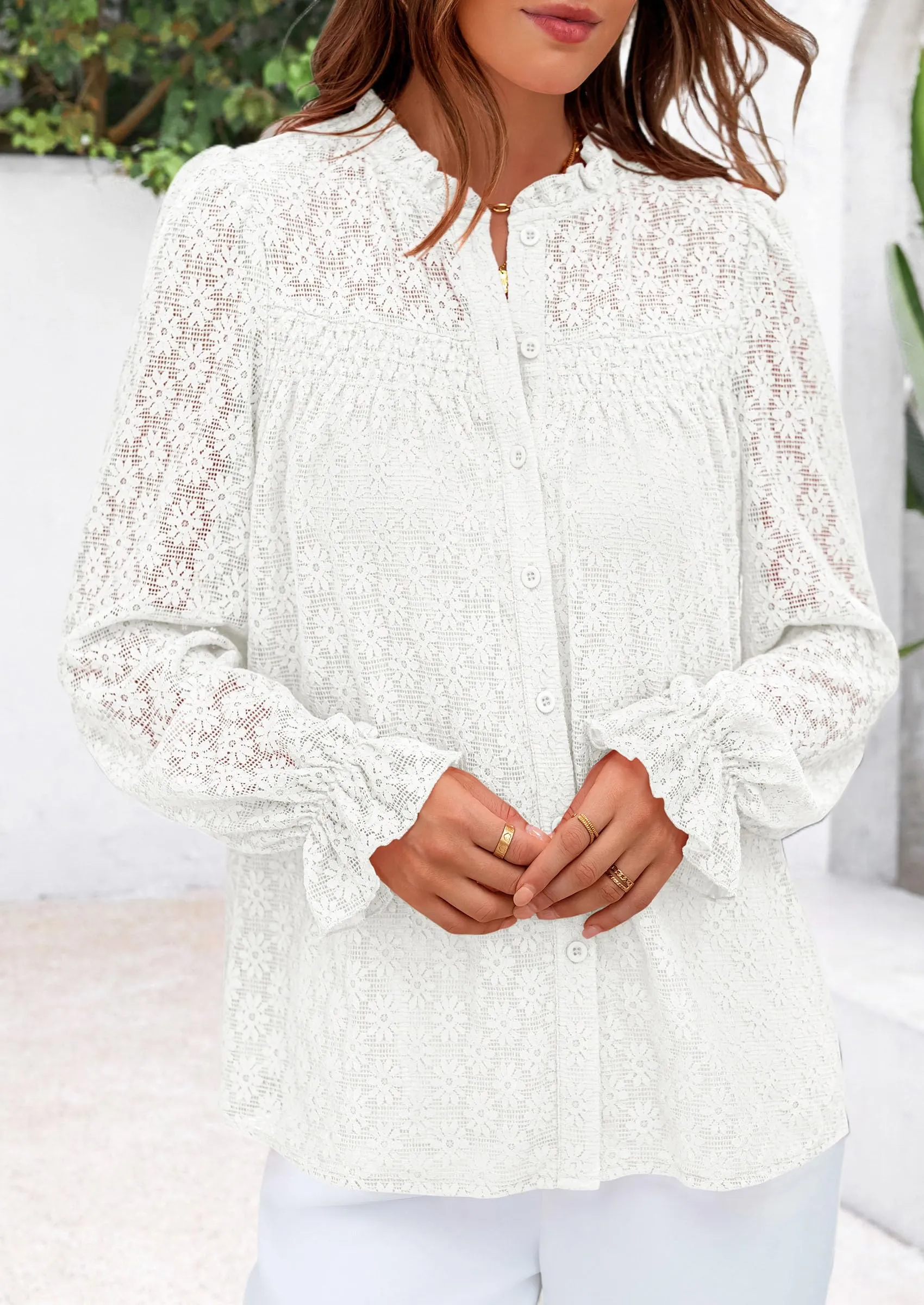 Eyelet Long Sleeve Casual Hollow Out Button Up Lace Blouse