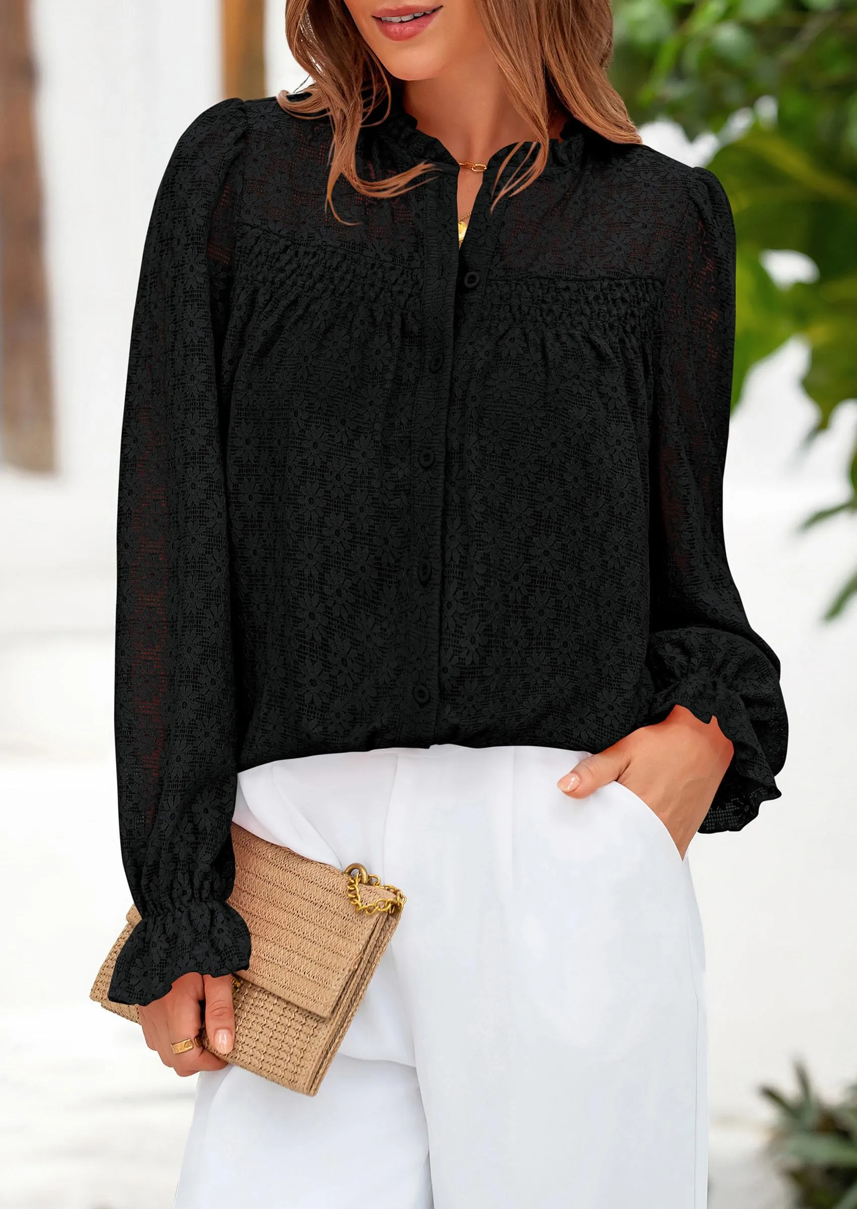 Eyelet Long Sleeve Casual Hollow Out Button Up Lace Blouse