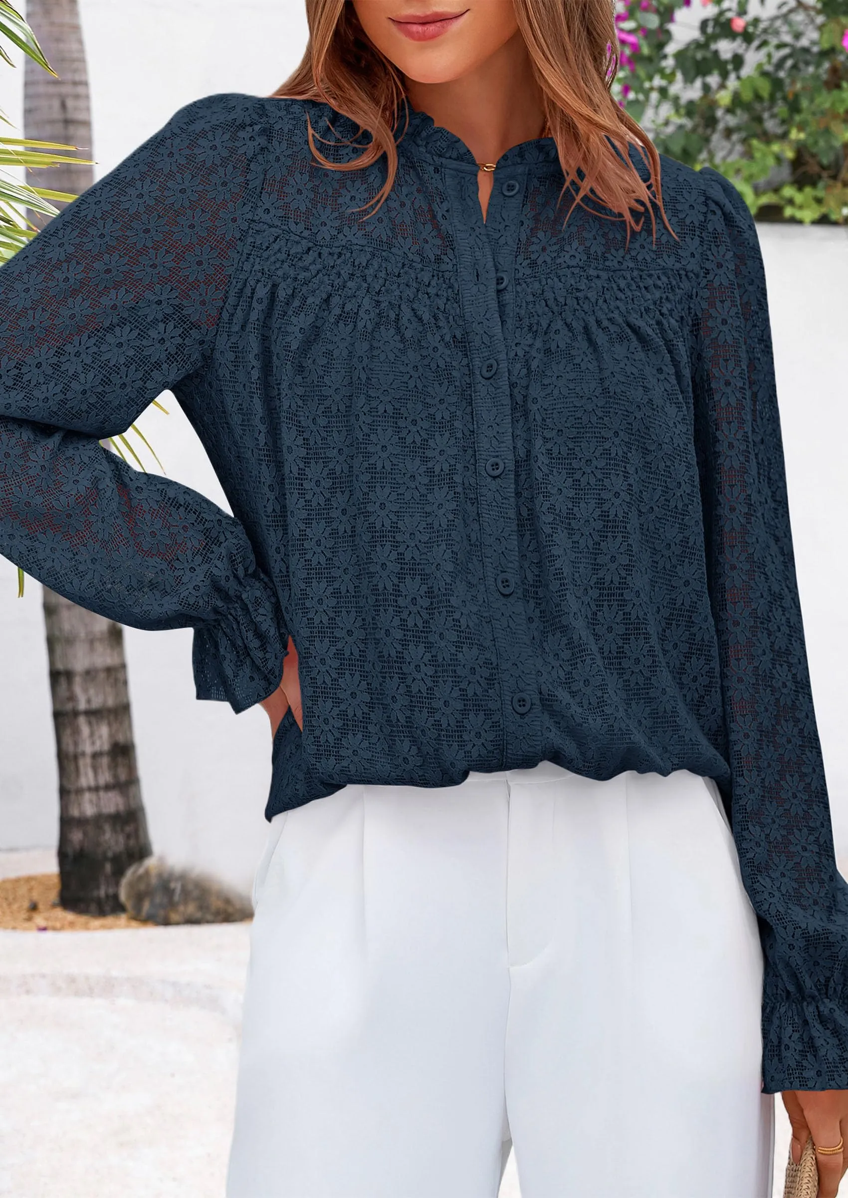 Eyelet Long Sleeve Casual Hollow Out Button Up Lace Blouse