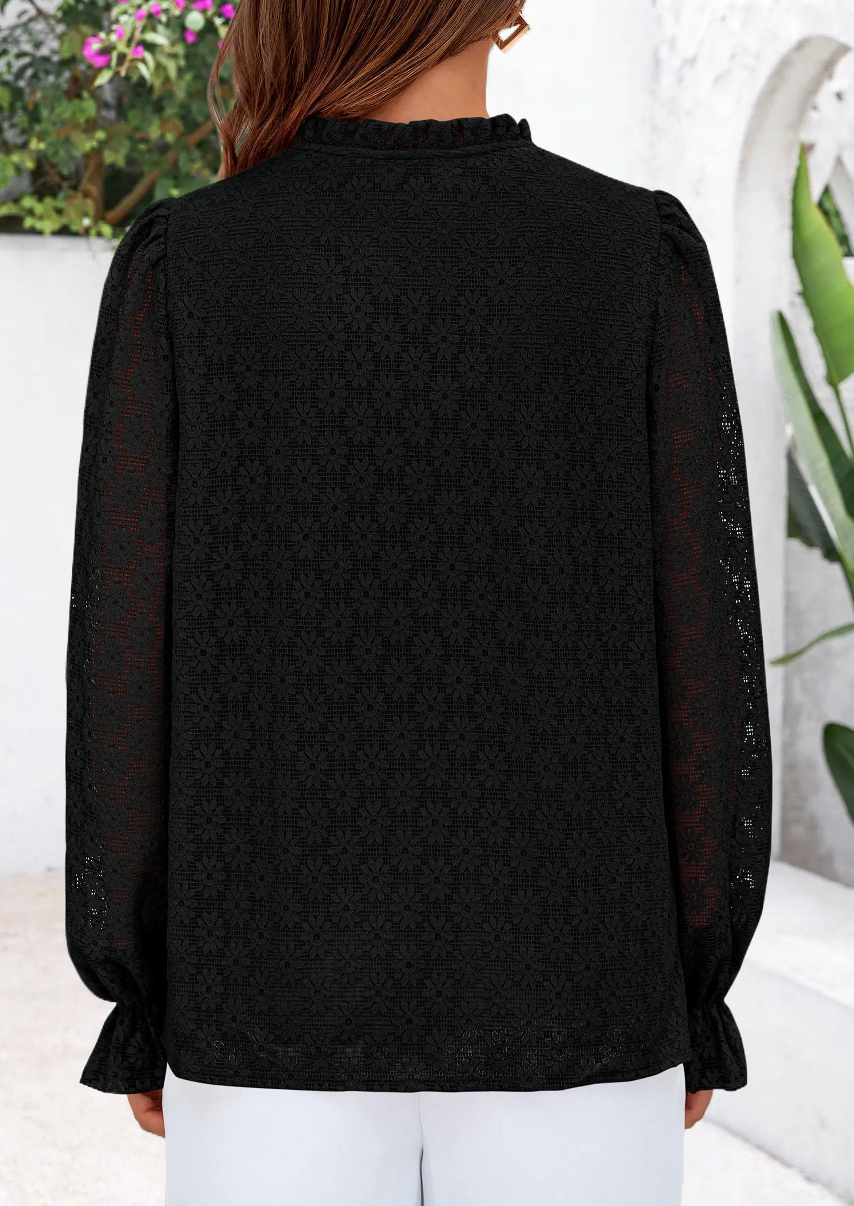 Eyelet Long Sleeve Casual Hollow Out Button Up Lace Blouse