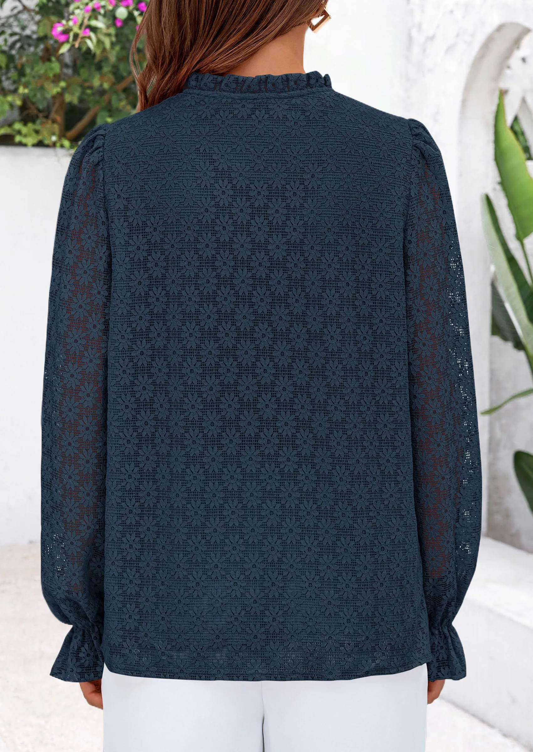 Eyelet Long Sleeve Casual Hollow Out Button Up Lace Blouse