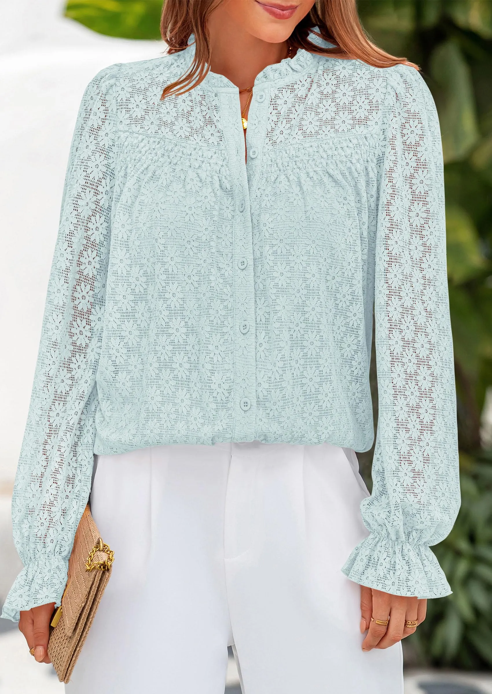 Eyelet Long Sleeve Casual Hollow Out Button Up Lace Blouse