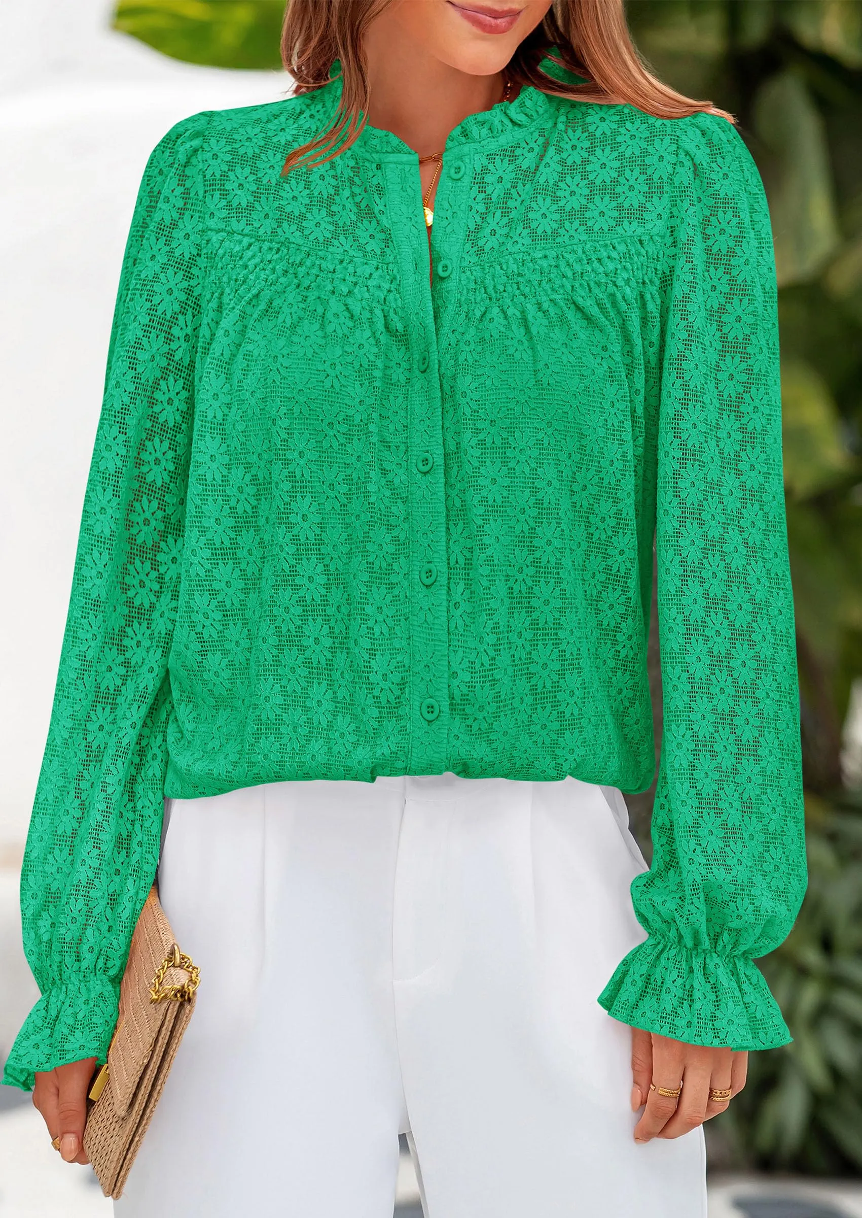 Eyelet Long Sleeve Casual Hollow Out Button Up Lace Blouse