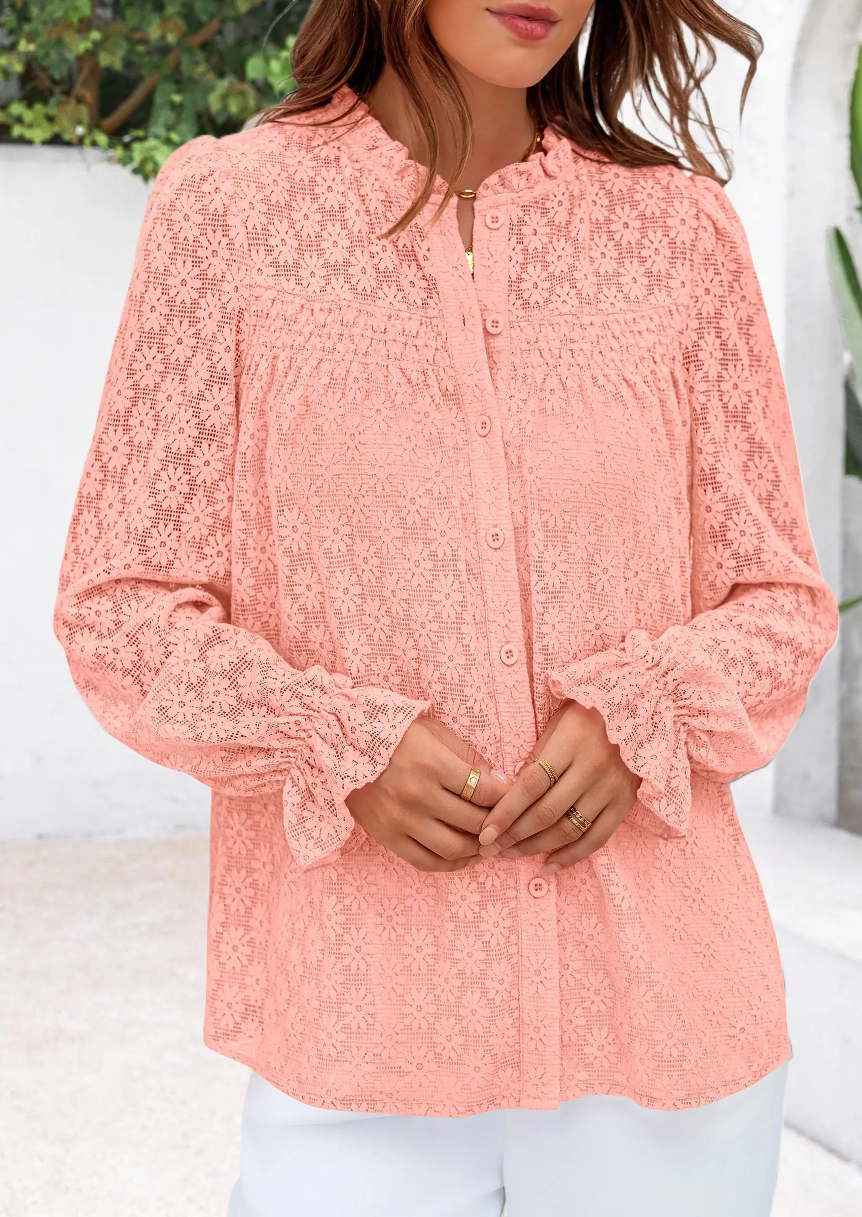 Eyelet Long Sleeve Casual Hollow Out Button Up Lace Blouse
