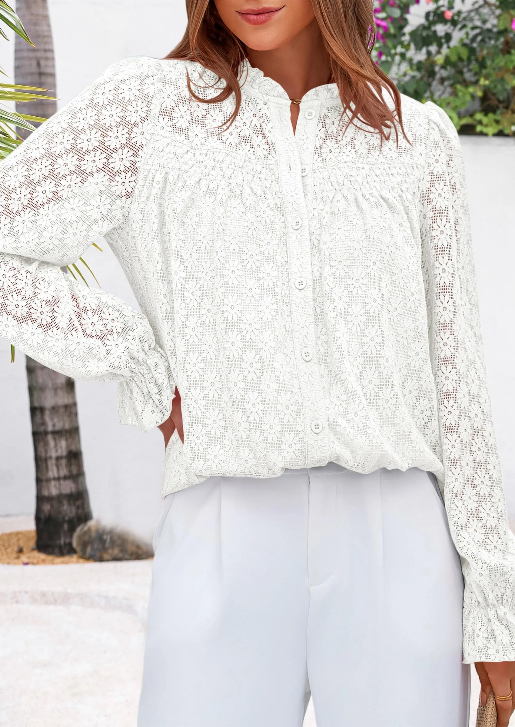 Eyelet Long Sleeve Casual Hollow Out Button Up Lace Blouse