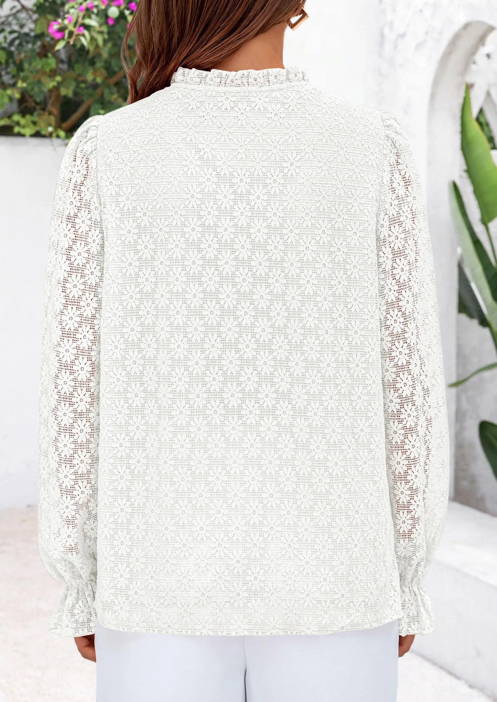 Eyelet Long Sleeve Casual Hollow Out Button Up Lace Blouse