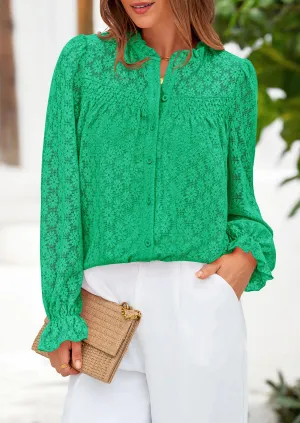 Eyelet Long Sleeve Casual Hollow Out Button Up Lace Blouse