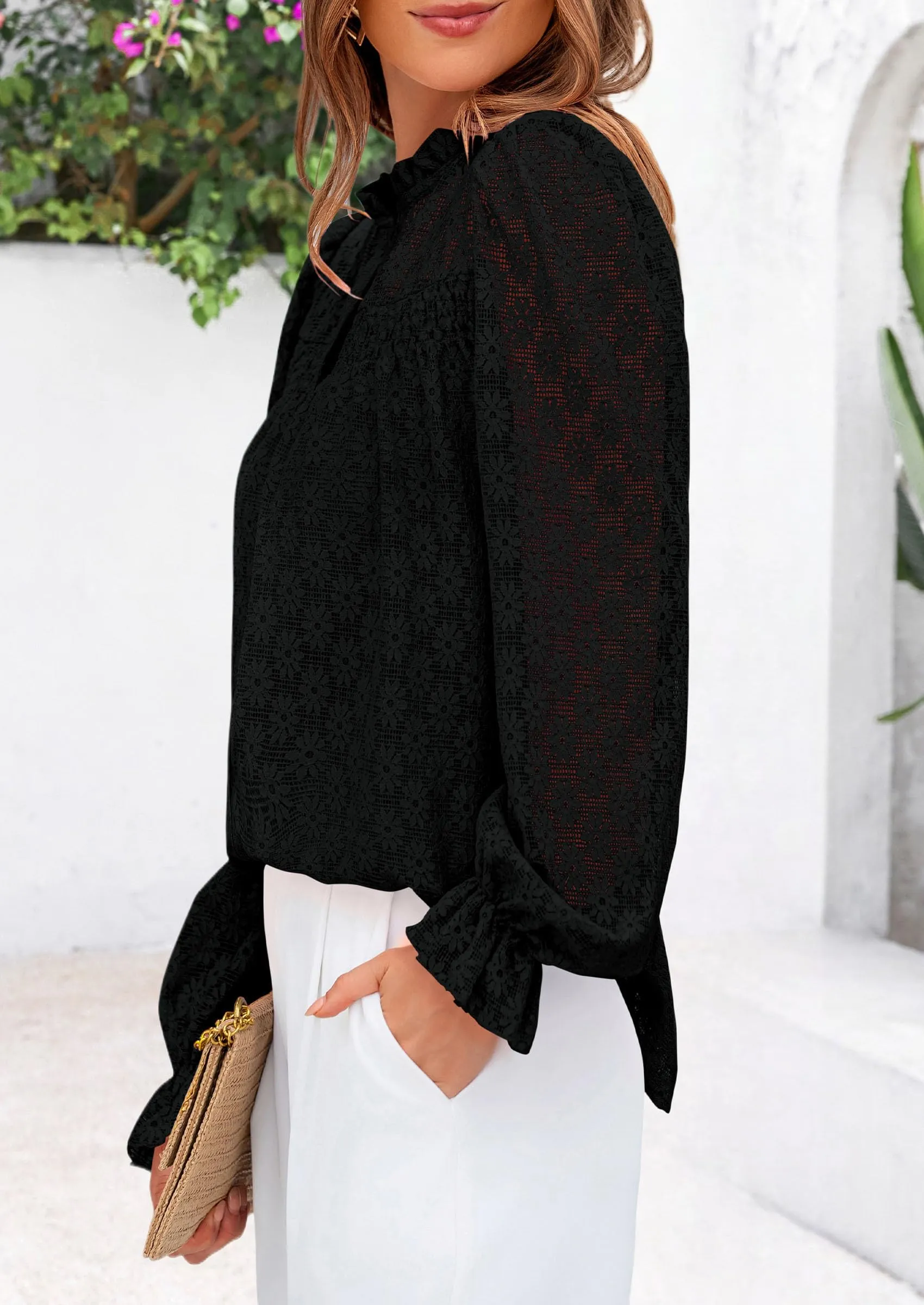 Eyelet Long Sleeve Casual Hollow Out Button Up Lace Blouse