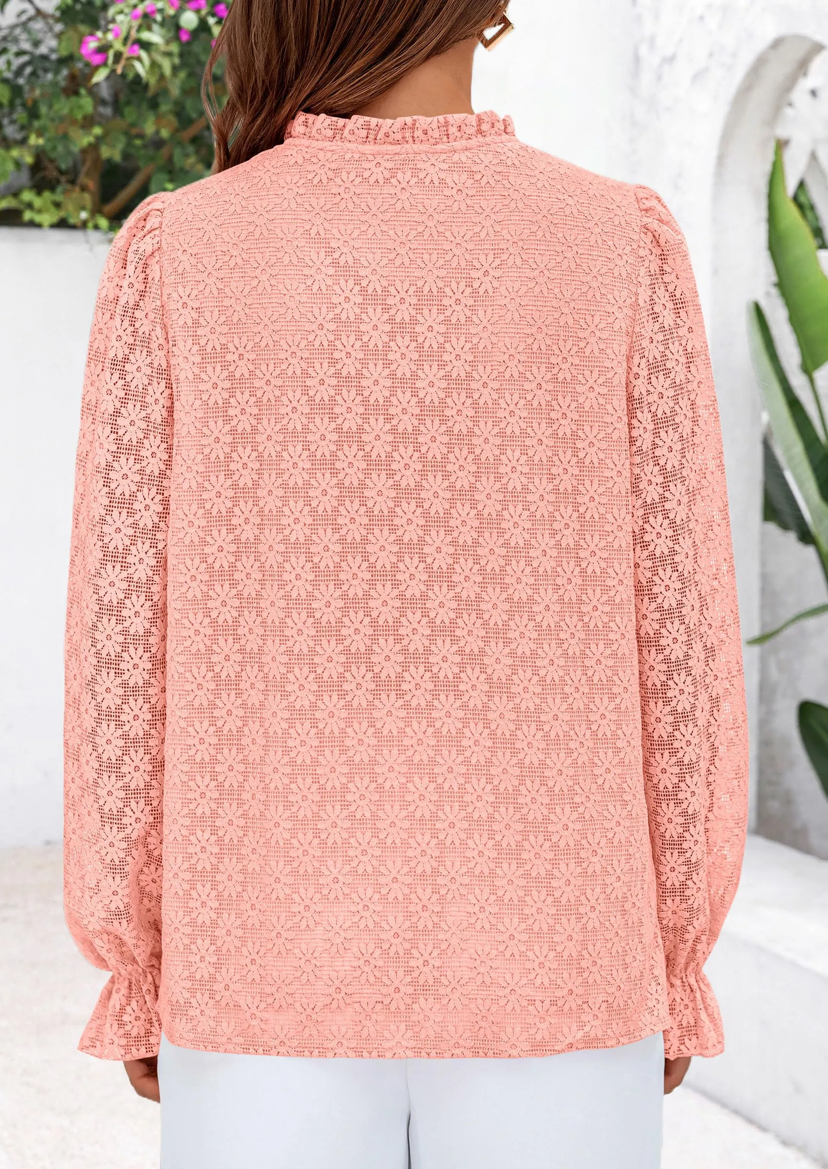 Eyelet Long Sleeve Casual Hollow Out Button Up Lace Blouse