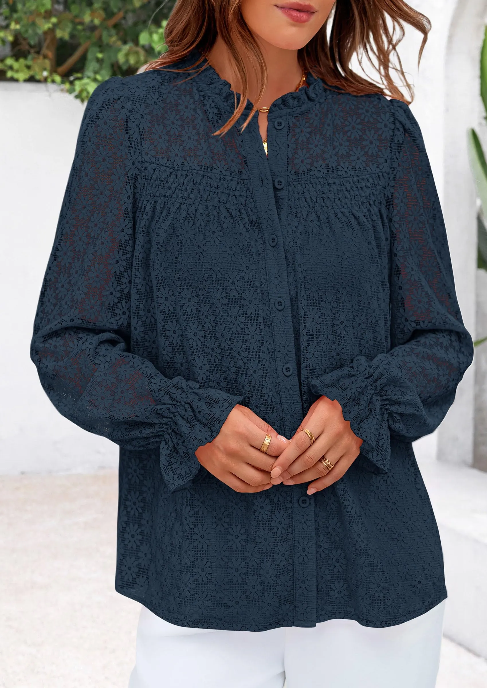Eyelet Long Sleeve Casual Hollow Out Button Up Lace Blouse