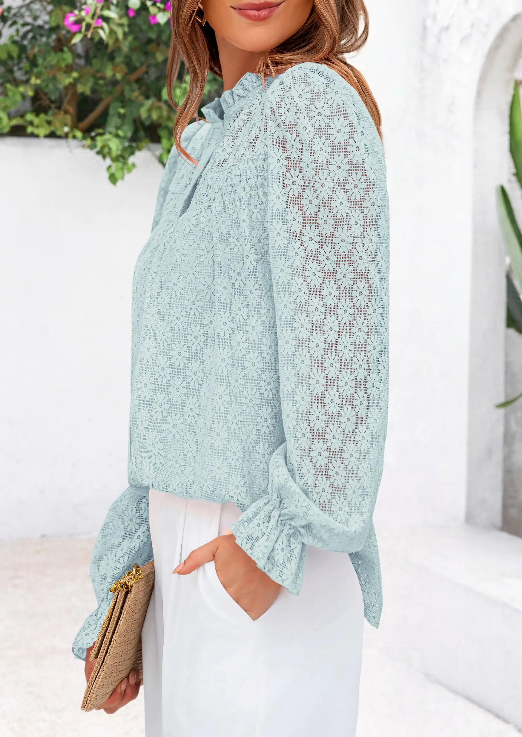 Eyelet Long Sleeve Casual Hollow Out Button Up Lace Blouse