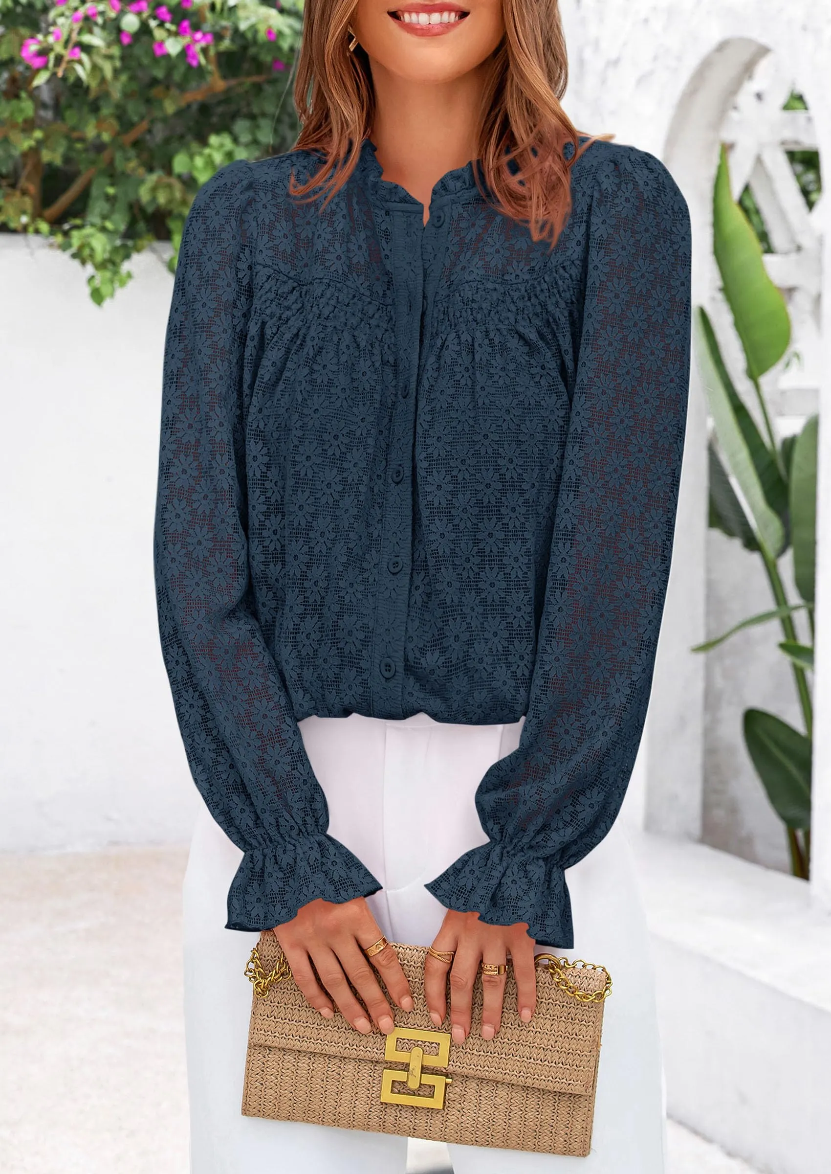 Eyelet Long Sleeve Casual Hollow Out Button Up Lace Blouse
