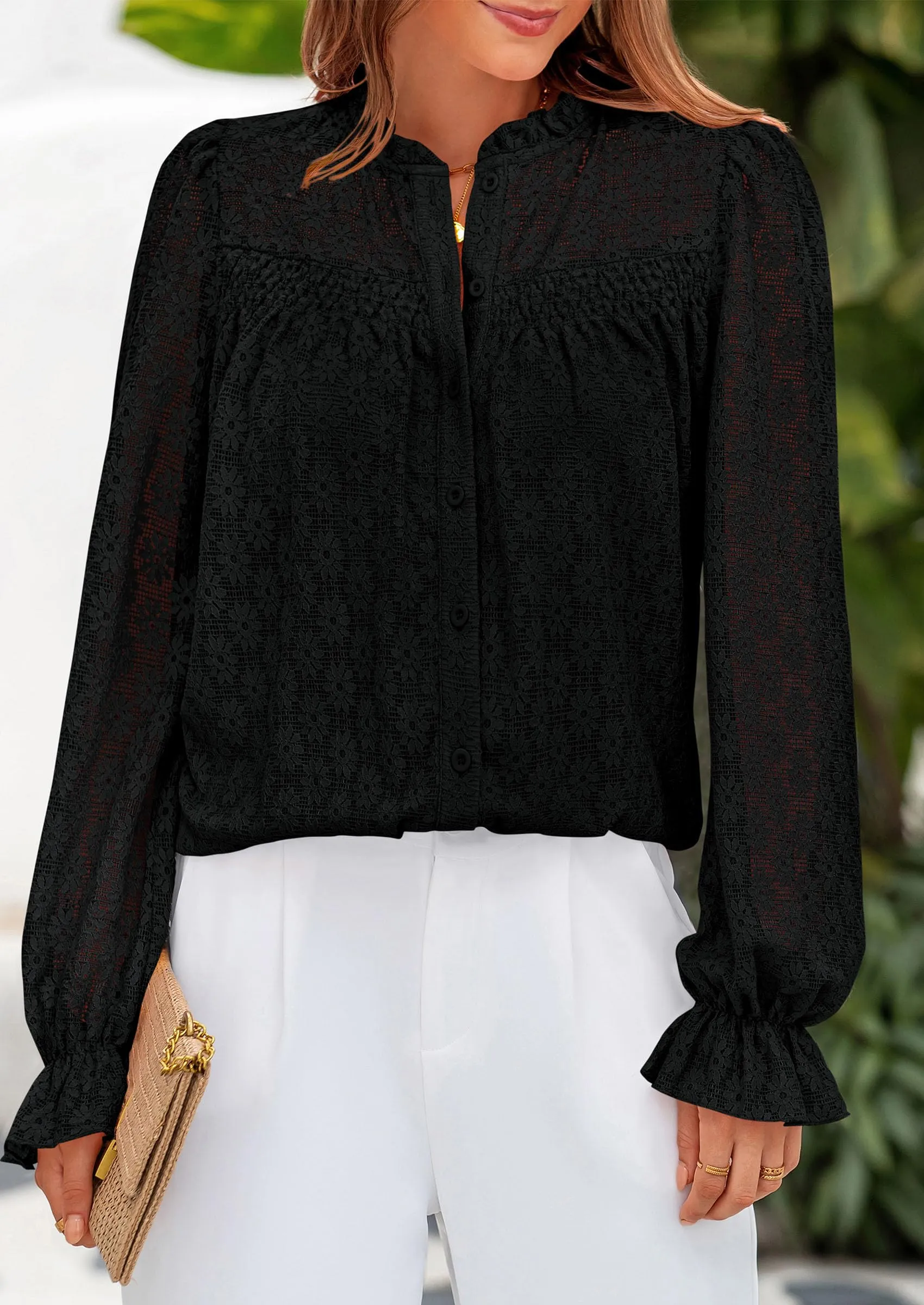 Eyelet Long Sleeve Casual Hollow Out Button Up Lace Blouse