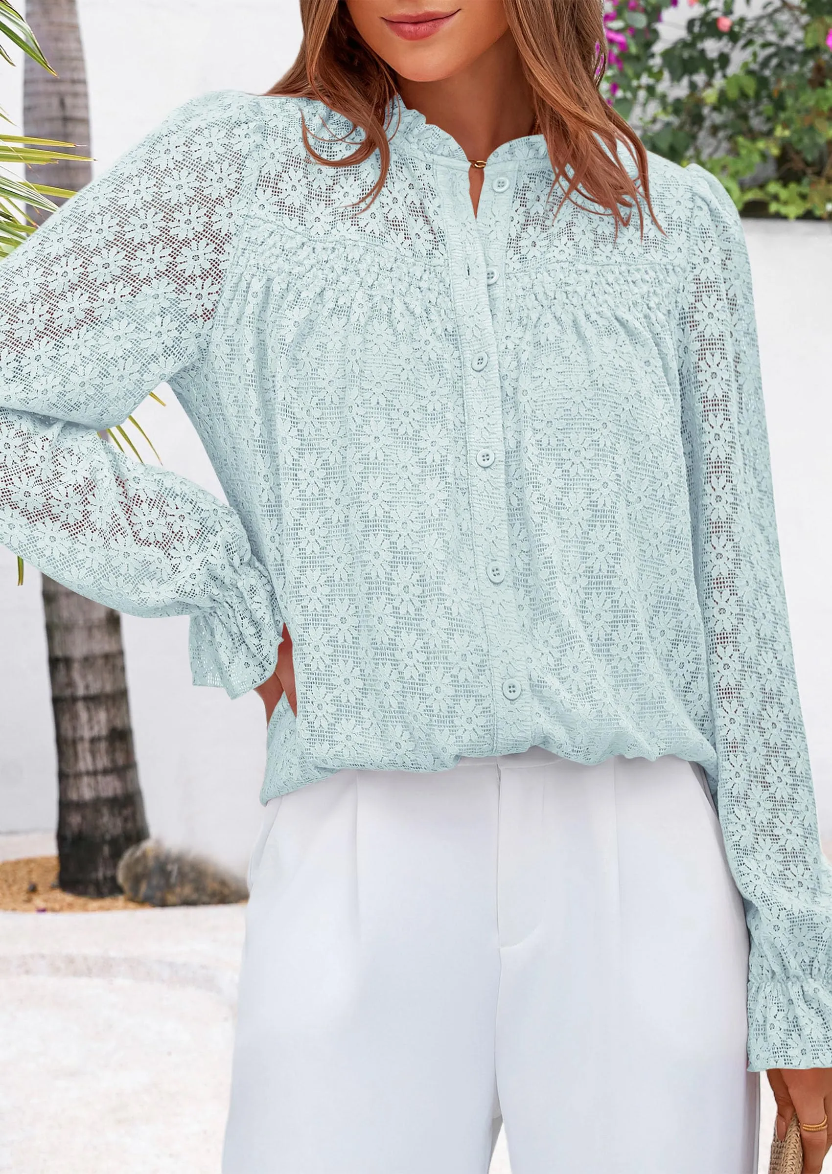 Eyelet Long Sleeve Casual Hollow Out Button Up Lace Blouse