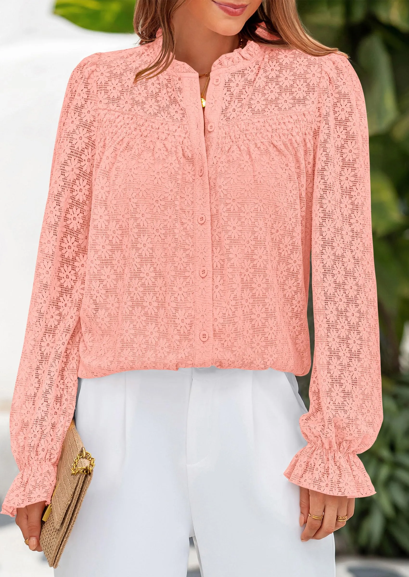Eyelet Long Sleeve Casual Hollow Out Button Up Lace Blouse