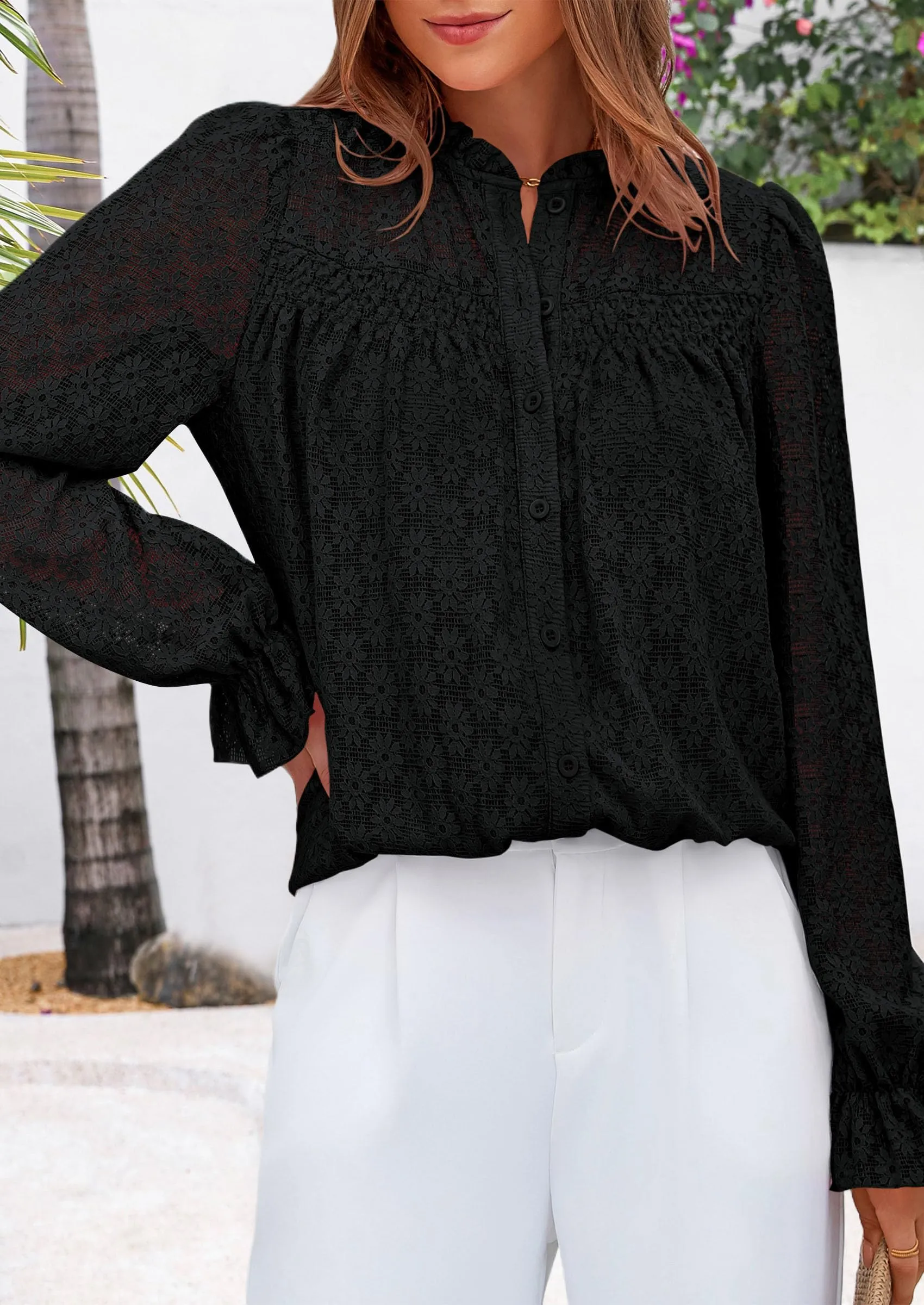 Eyelet Long Sleeve Casual Hollow Out Button Up Lace Blouse
