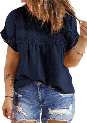 Eytino Women Plus Size Tops Crewneck Short Sleeve Lace Crochet Loose Casual Summer Blouses Shirts(1X-5X)