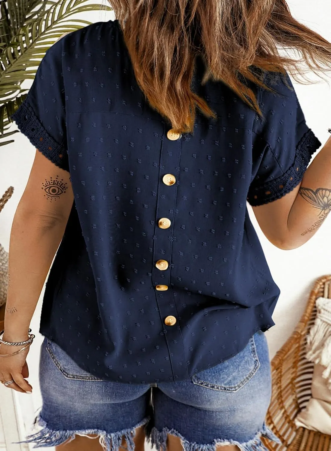 Eytino Women Plus Size Tops Crewneck Short Sleeve Lace Crochet Loose Casual Summer Blouses Shirts(1X-5X)