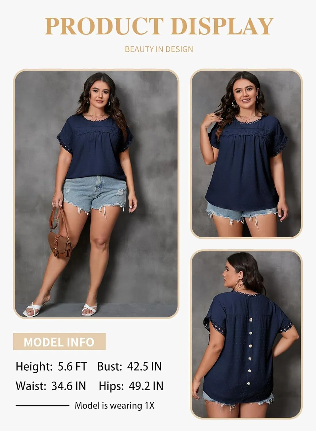 Eytino Women Plus Size Tops Crewneck Short Sleeve Lace Crochet Loose Casual Summer Blouses Shirts(1X-5X)