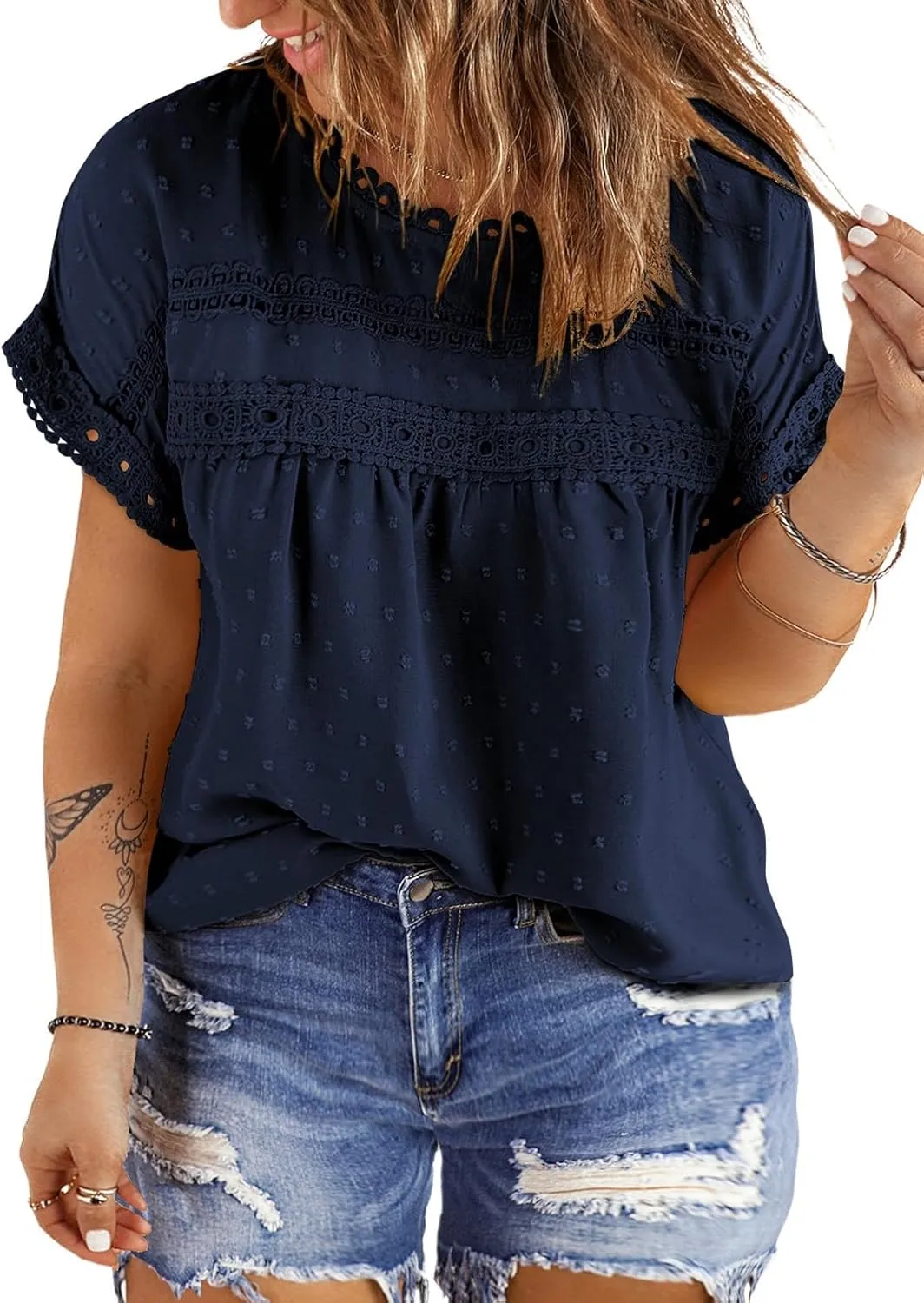 Eytino Women Plus Size Tops Crewneck Short Sleeve Lace Crochet Loose Casual Summer Blouses Shirts(1X-5X)