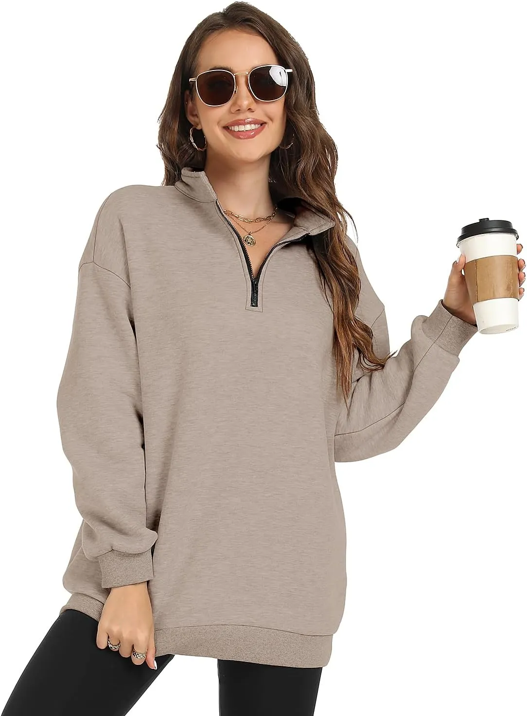 FANCYINN Womens Pullover Oversized Sweatshirt Half Zip Lapel Long Sleeve Drop Shoulder Teen Girls Fleece Sports Tops