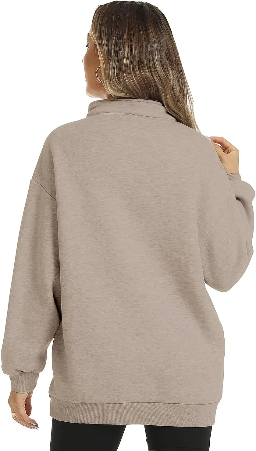 FANCYINN Womens Pullover Oversized Sweatshirt Half Zip Lapel Long Sleeve Drop Shoulder Teen Girls Fleece Sports Tops